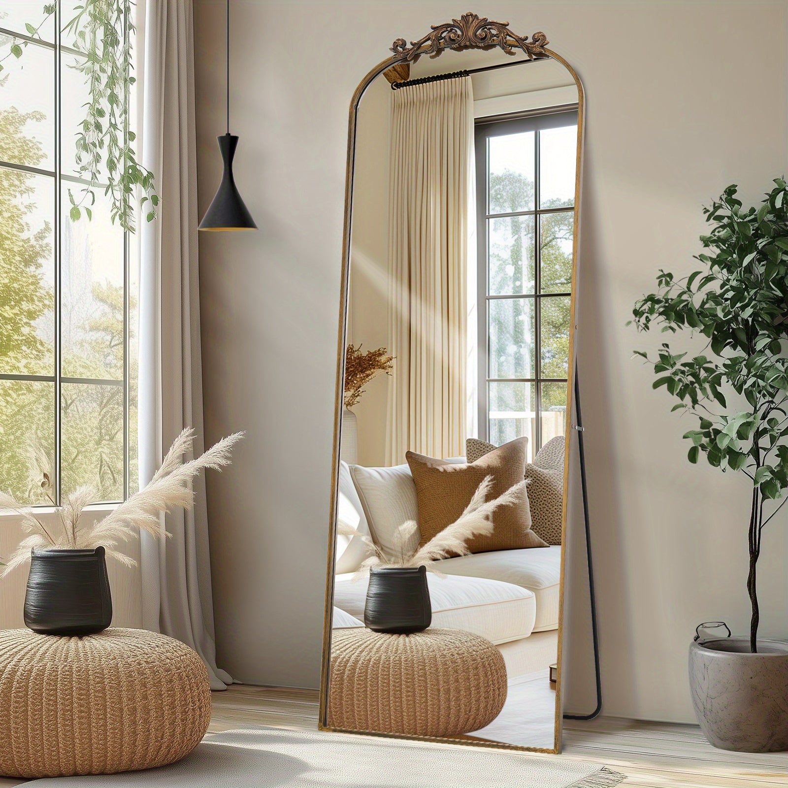 Vintage Arched Filigree Floor Mirror, Full Body Mirror with Ornate Carved Appliquem, Bathroom Mirror Wall Mountable for Bathroom, Living Room, Entrance Dressing Room, Bedroom, Hallway