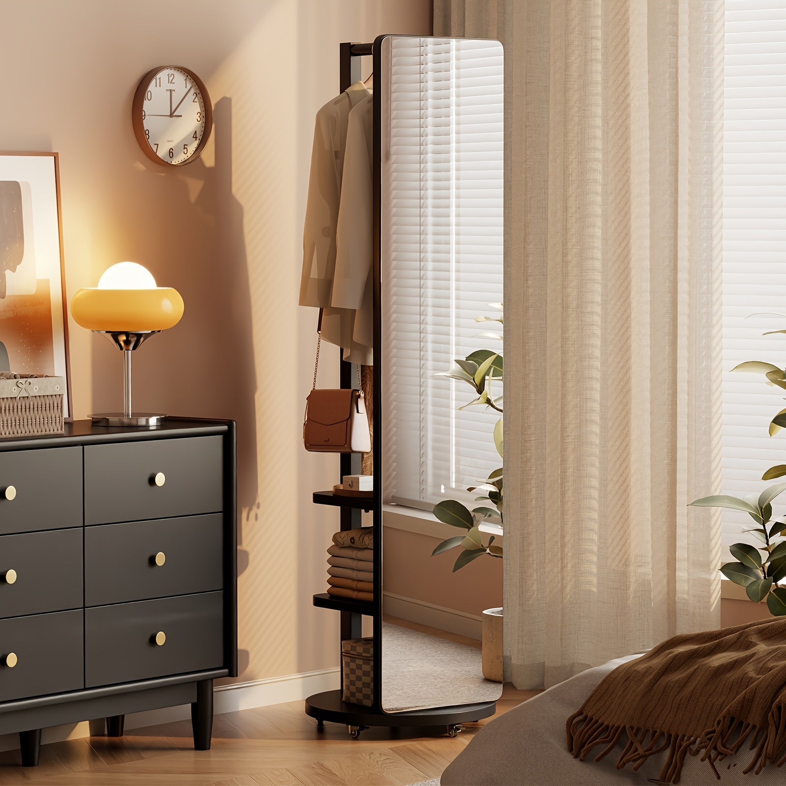 Solid Wood Full-Length Mirror for The Floor, Ideal for Bedrooms And Living Rooms. This Versatile, Rotatable Mirror Comes with an Integrated Hanger, Making It Perfect for Christmas Gifts And Black Friday Deals, with Free Shipping Included