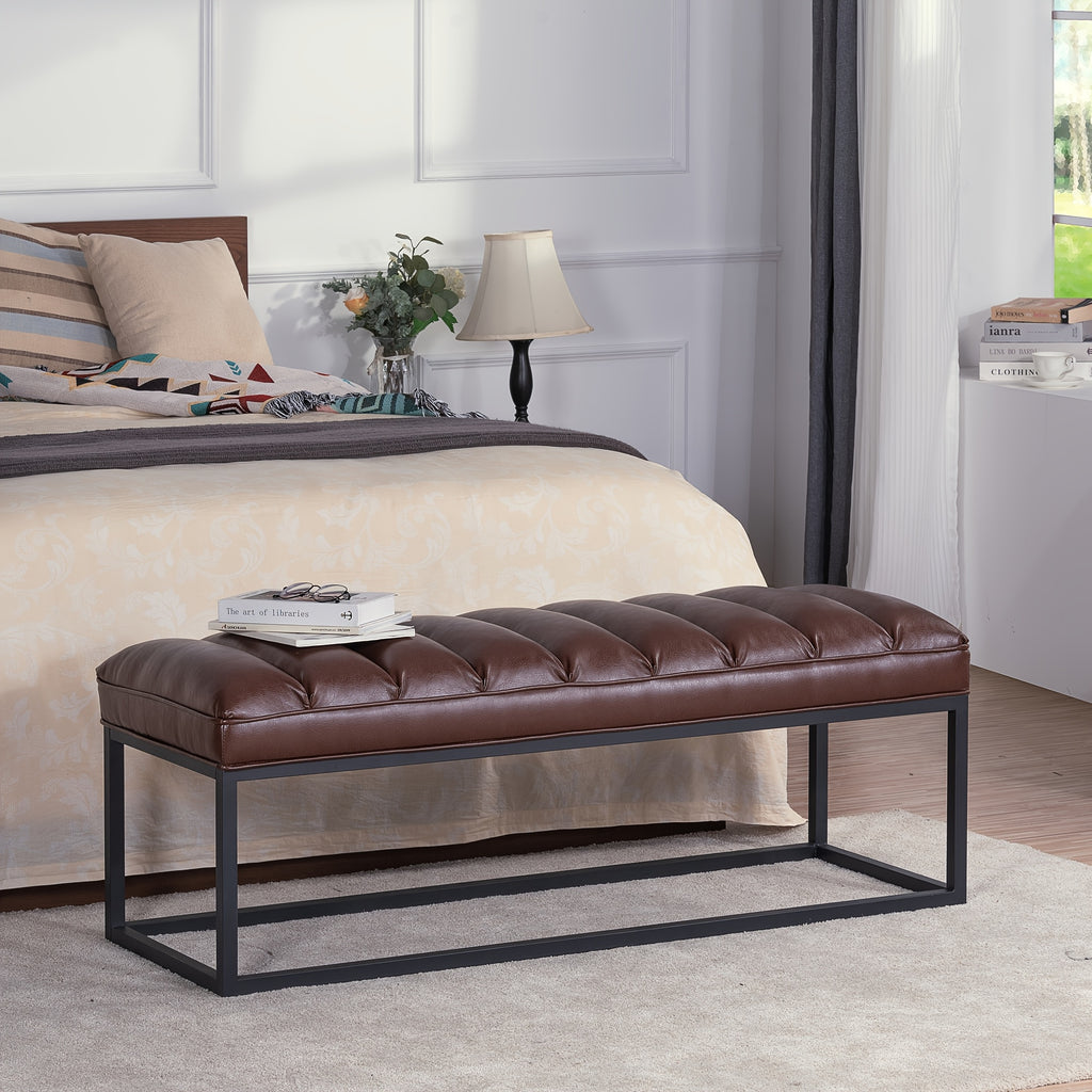 Modern Light Luxury Style Bed End Stool, Shoe Changing Stool. Matte Metal, Solid Wood Frame, Quilted Seating Design, High Resilience Sponge Filling, Available In PU Or Fabric Options, Suitable for Bedroom, Foyer, Living Room And Other Environments.