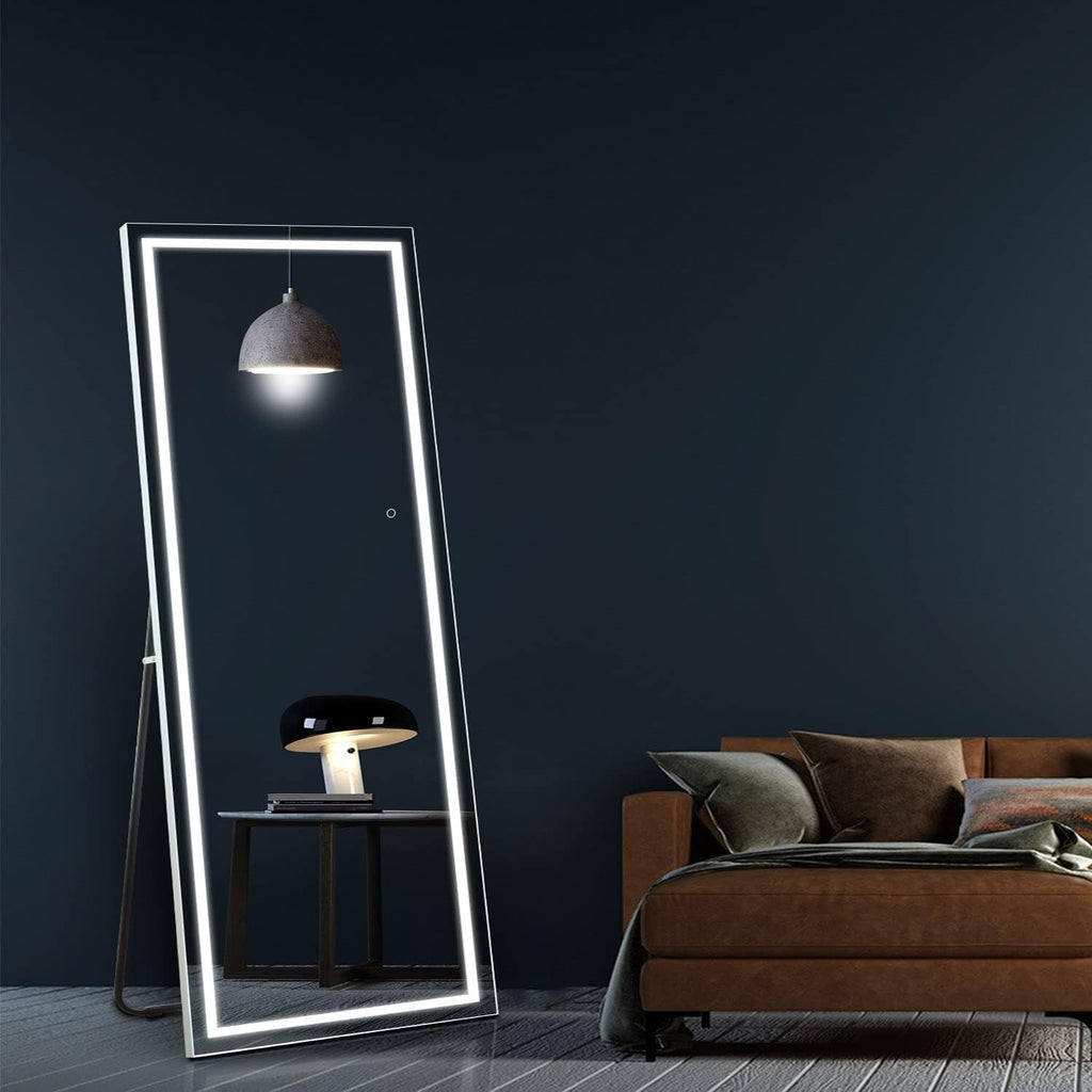 Smart LED Touch Sensor Full-Length Mirror - Adjustable Brightness, Wall-Mount & Freestanding Design with Slim Modern Frame - Ideal for Vanity, Bedroom, Or Dressing Room Lighting