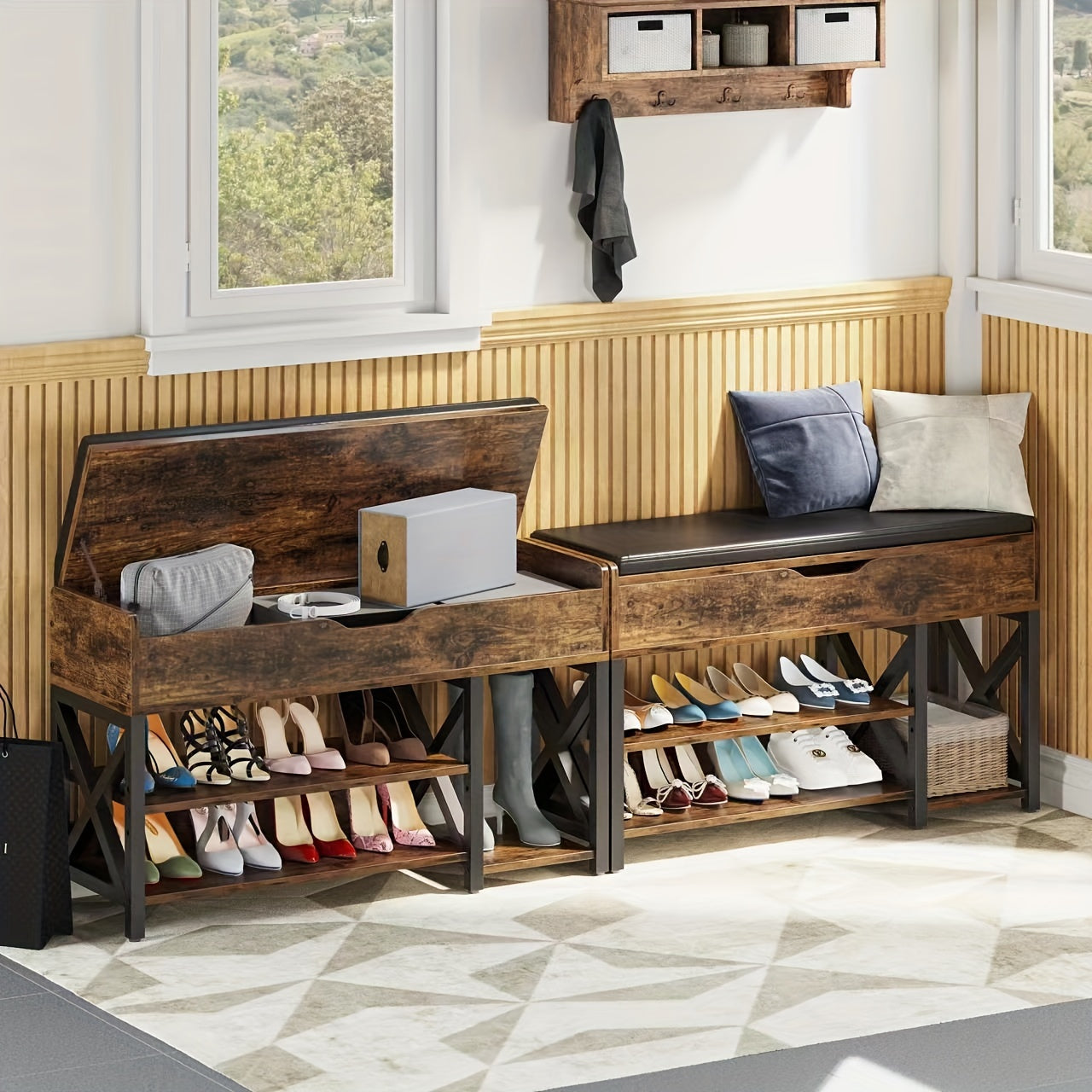 7 Pair Shoe Storage Bench With Cushion, Entryway Bench With Shoe Rack Shoe Organizer