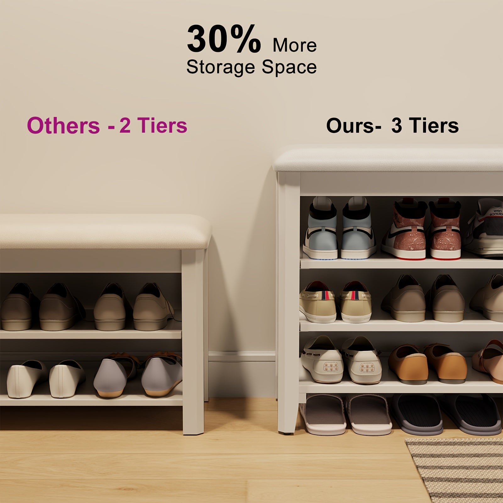 KASLANDI for home Furniture Shoe Bench Featuring a Leather Cushion, Adjustable Height with 3-Tier Shoe Storage, Walnut Wood Entryway Bench Ideal for Hallways And Mudrooms, Perfect for Christmas Gifts And Black Friday Deals, Includes Free Shipping