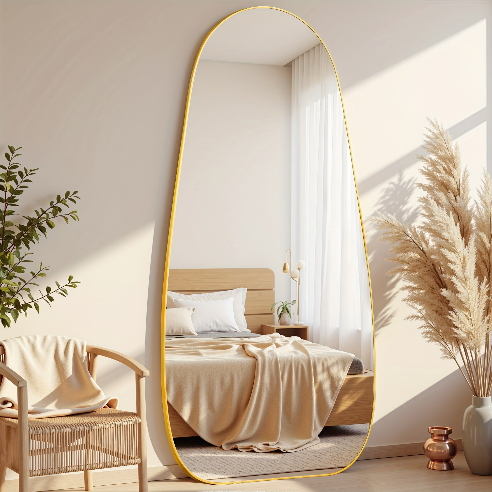 A Full-Length Mirror Measuring 76 Inches by 36 Inches, Designed for Floor Use with a Stand, Suitable for Standing, Hanging, Or Leaning. It Features an Irregular Shape, Perfect for Bedrooms, Living Rooms, Or Entryways, in a Teardrop Style