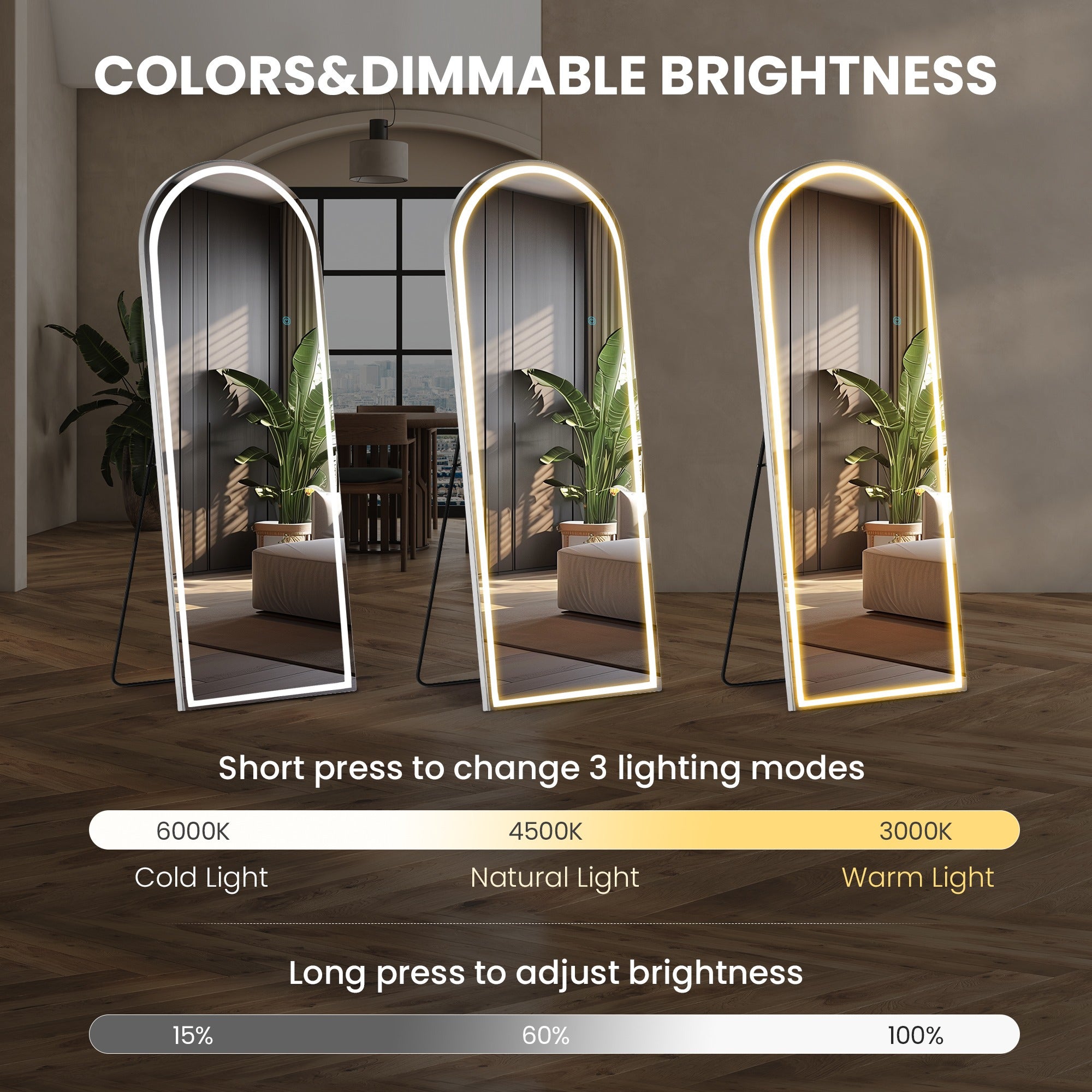 MCQ Arched\u002FRectangular LED Full Length Mirror, Full Body Floor Mirror Standing Hanging or Leaning Wall, Arch Wall Mirror with Stand Aluminum Alloy Thin Frame for Bedroom, Bathroom, Store