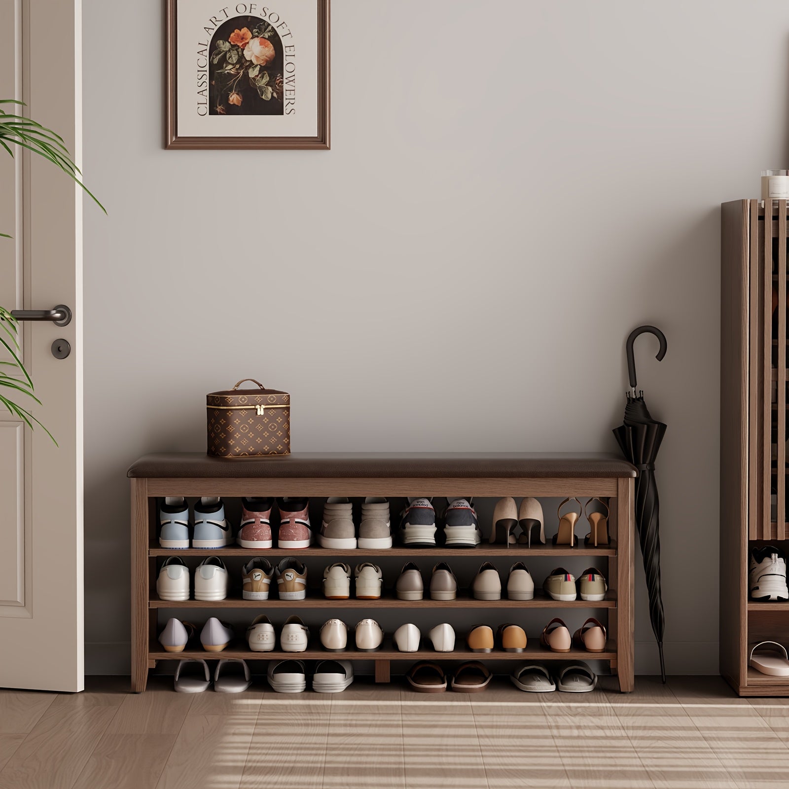 KASLANDI for home Furniture Shoe Bench Featuring a Leather Cushion, Adjustable Height with 3-Tier Shoe Storage, Walnut Wood Entryway Bench Ideal for Hallways And Mudrooms, Perfect for Christmas Gifts And Black Friday Deals, Includes Free Shipping