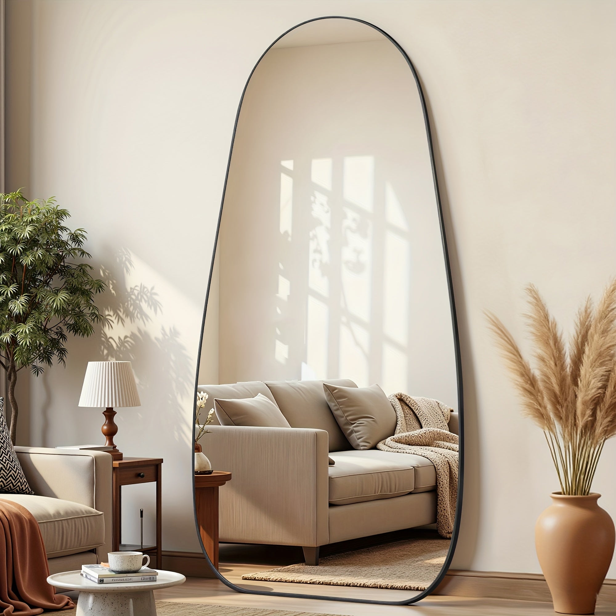A Full-Length Mirror Measuring 76 Inches by 36 Inches, Designed for Floor Use with a Stand, Suitable for Standing, Hanging, Or Leaning. It Features an Irregular Shape, Perfect for Bedrooms, Living Rooms, Or Entryways, in a Teardrop Style