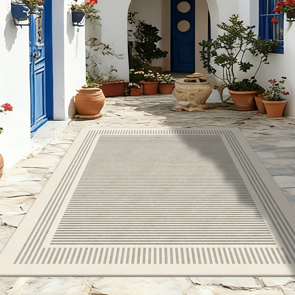 This 2D Flat Printed Design Features a Light Gray Minimalist Frame Pattern, Perfect for Outdoor Rugs. It Serves As a Versatile Decorative Piece Suitable for Entry Mats, Camping Mats, Patio Mats, Pool Mats, And Mats. Ideal for Balconies, Yards