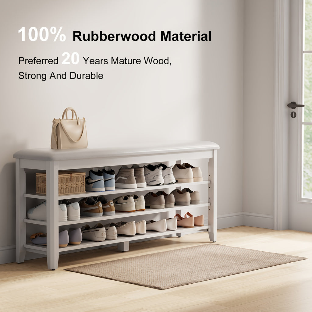 Shoe Bench with Leather Cushion, 3 Tiers Shoe Storage Bench, Walnut Wood Entryway Bench