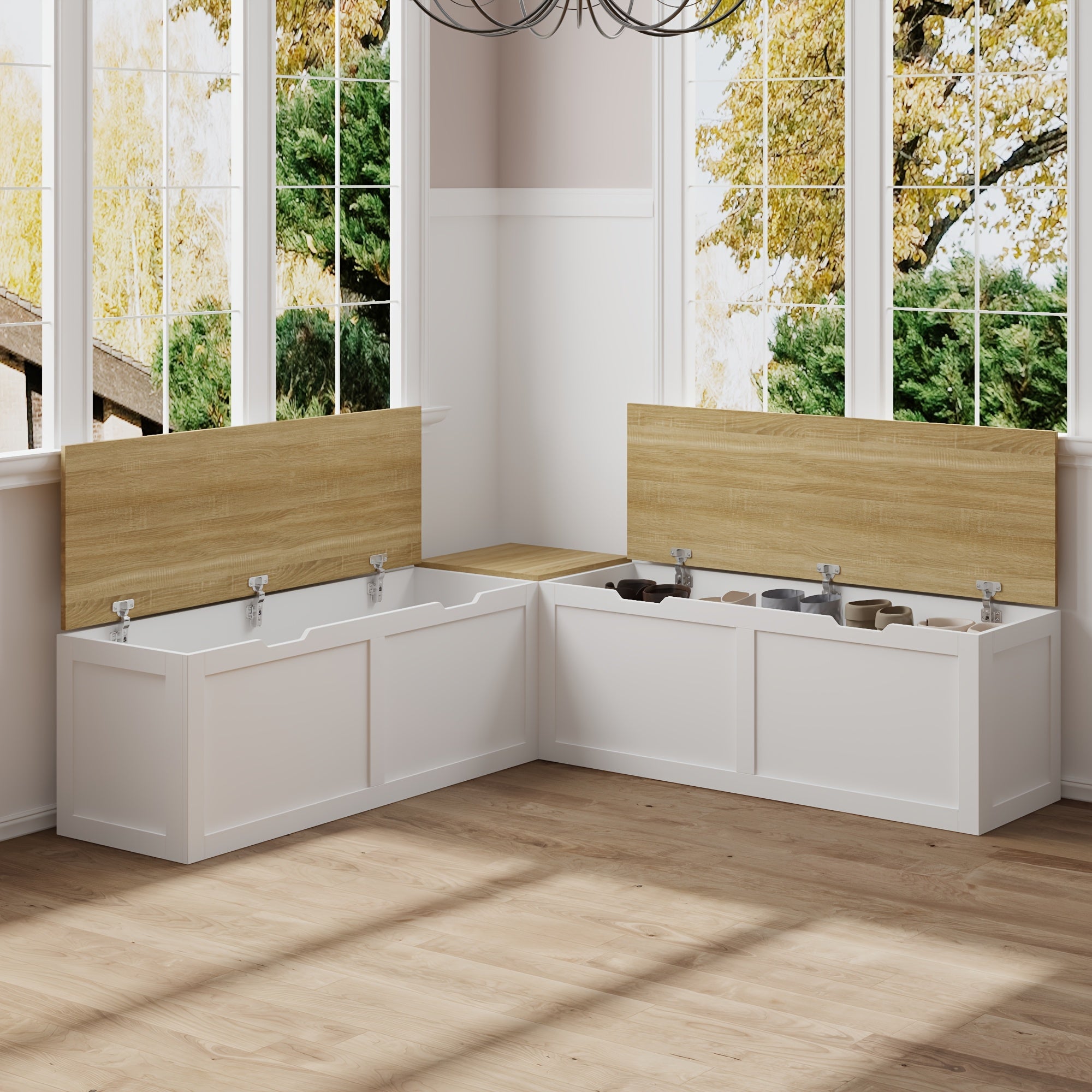 Modern Multi Functional Corner Shoe Changing Stool With Flip Storage Cabinet, Shoe Cabinet For Bedroom, Hallway & Enterway, White And Natural