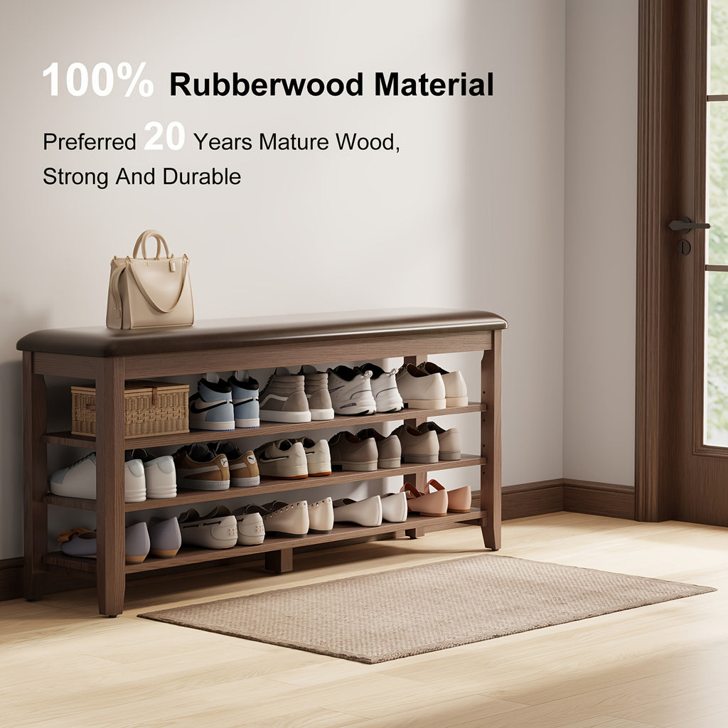 Shoe Bench with Leather Cushion, 3 Tiers Shoe Storage Bench, Walnut Wood Entryway Bench