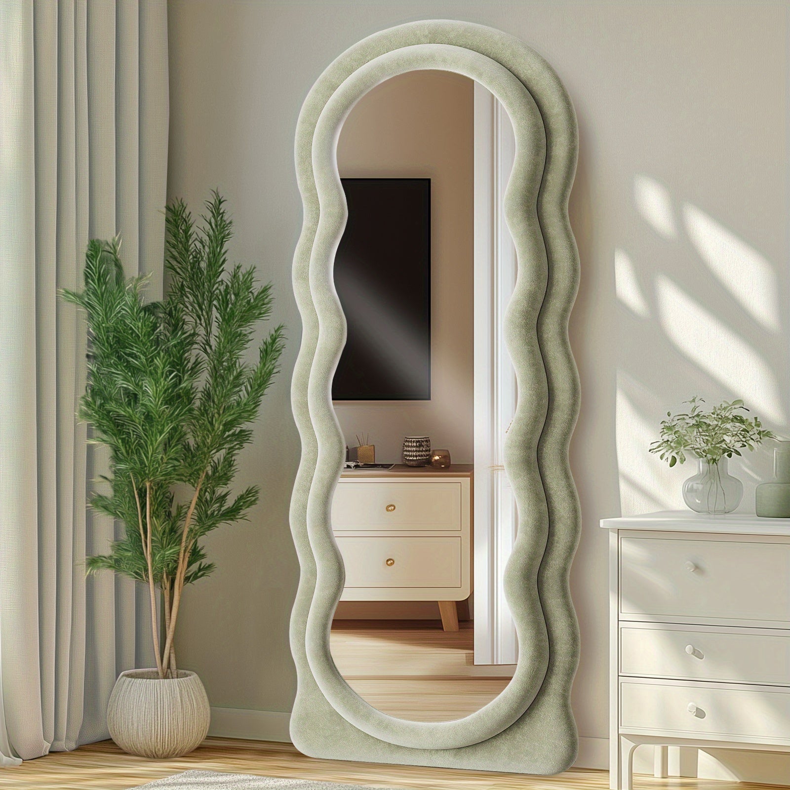 63x24 Inches Flannel Frame Wavy Full Length Mirror, Hanging or Leaning Mirror, Irregular Makeup Mirror Elegant Wall Mirror for Bedroom Cloakroom Bathroom Living Room Decorative