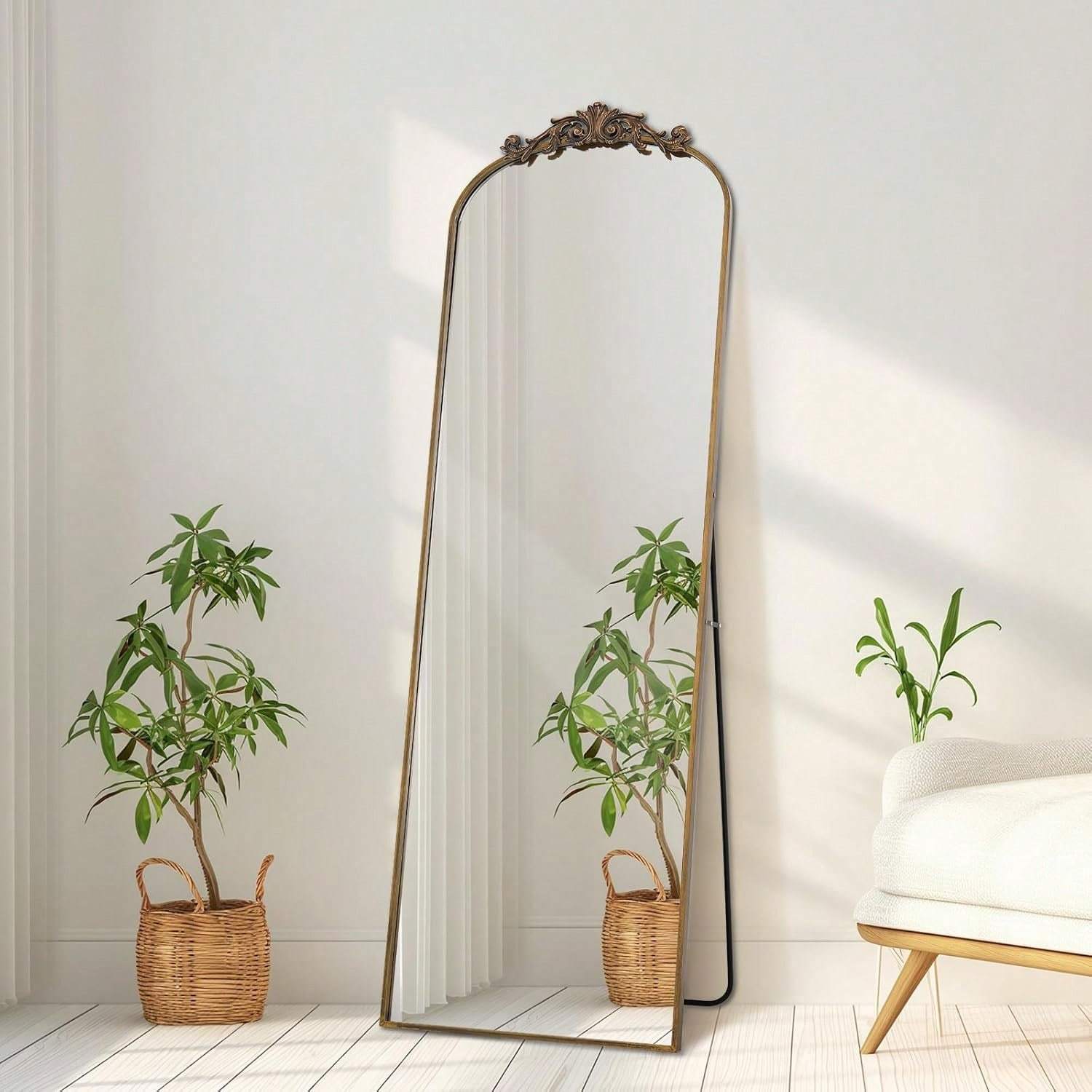 Vintage Arched Filigree Floor Mirror, Full Body Mirror with Ornate Carved Appliquem, Bathroom Mirror Wall Mountable for Bathroom, Living Room, Entrance Dressing Room, Bedroom, Hallway