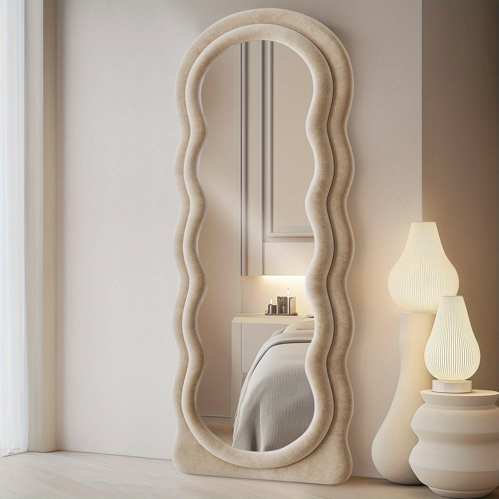 63x24 Inches Flannel Frame Wavy Full Length Mirror, Hanging or Leaning Mirror, Irregular Makeup Mirror Elegant Wall Mirror for Bedroom Cloakroom Bathroom Living Room Decorative