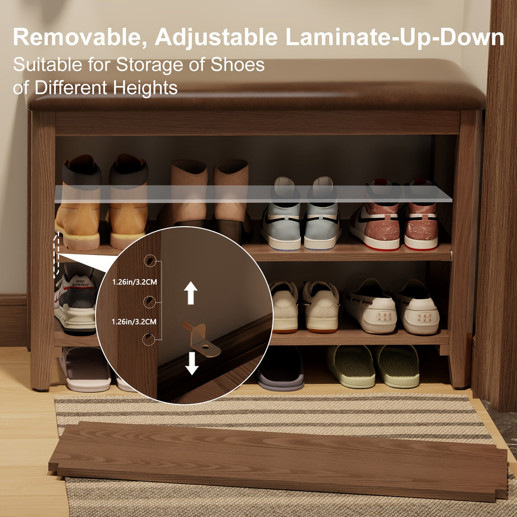 Shoe Bench with Leather Cushion, 3 Tiers Shoe Storage Bench, Walnut Wood Entryway Bench