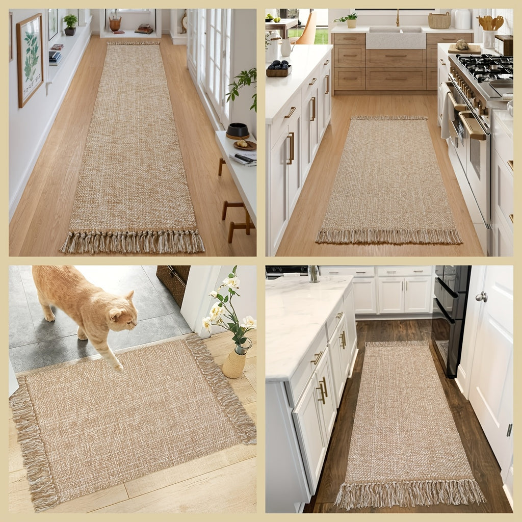 2x3\u002F2x6\u002F3x5\u002F2x8 Long Hallway Runner Mat, Washable Runner Indoor Entryway Mat, Tan\u002FCream Braided Woven Kitchen Runner Rugs Low-Profile Front Door Floor Mat for Laundry Room Bedroom Doorway, Home Decor Mat
