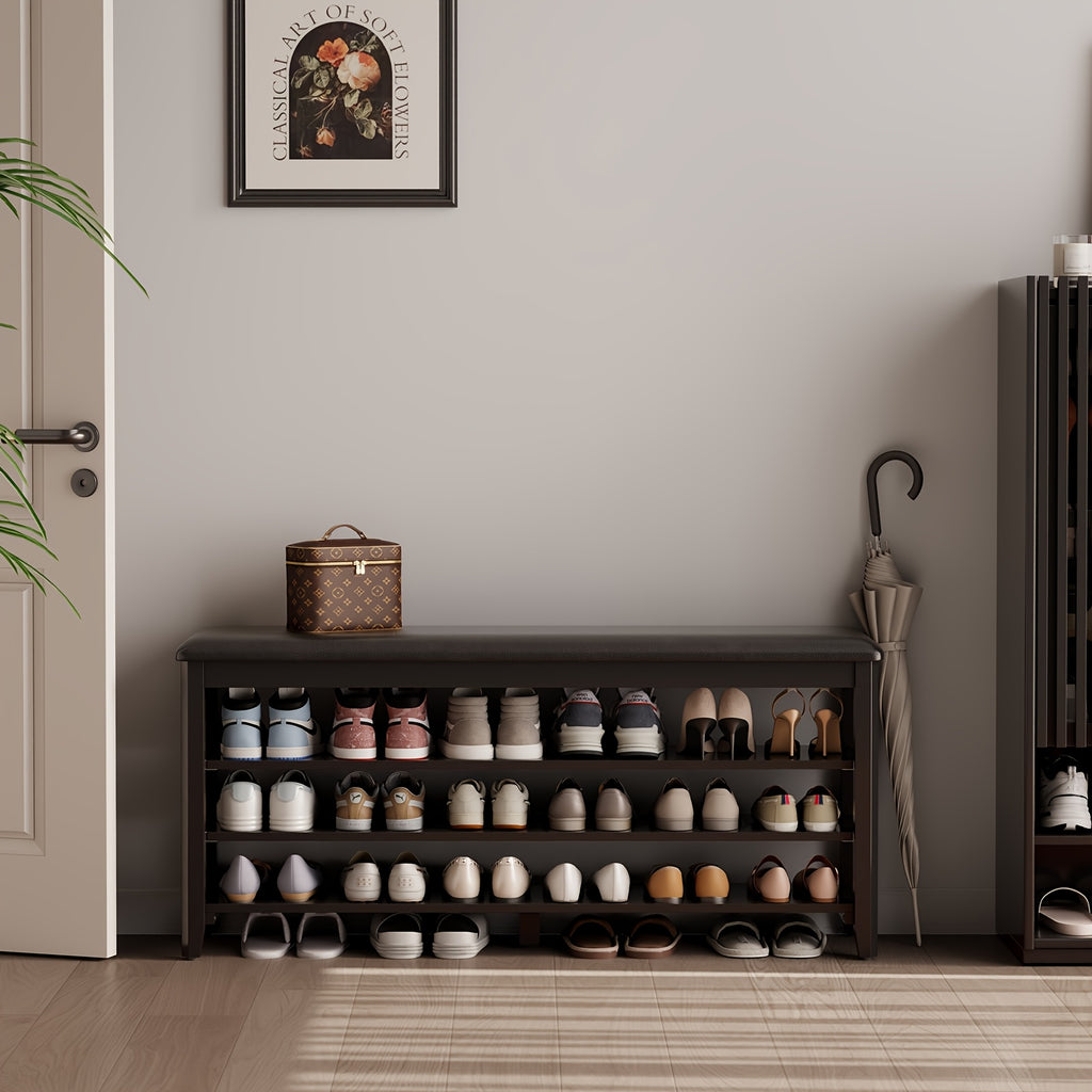 KASLANDI for home Furniture Shoe Bench Featuring a Leather Cushion, Adjustable Height with 3-Tier Shoe Storage, Walnut Wood Entryway Bench Ideal for Hallways And Mudrooms, Perfect for Christmas Gifts And Black Friday Deals, Includes Free Shipping