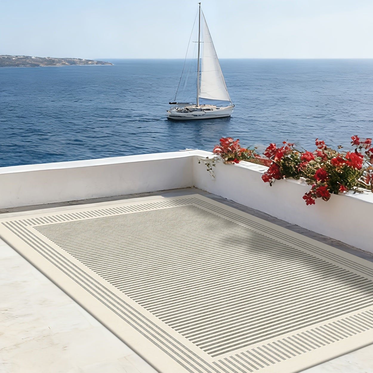 This 2D Flat Printed Design Features a Light Gray Minimalist Frame Pattern, Perfect for Outdoor Rugs. It Serves As a Versatile Decorative Piece Suitable for Entry Mats, Camping Mats, Patio Mats, Pool Mats, And Mats. Ideal for Balconies, Yards