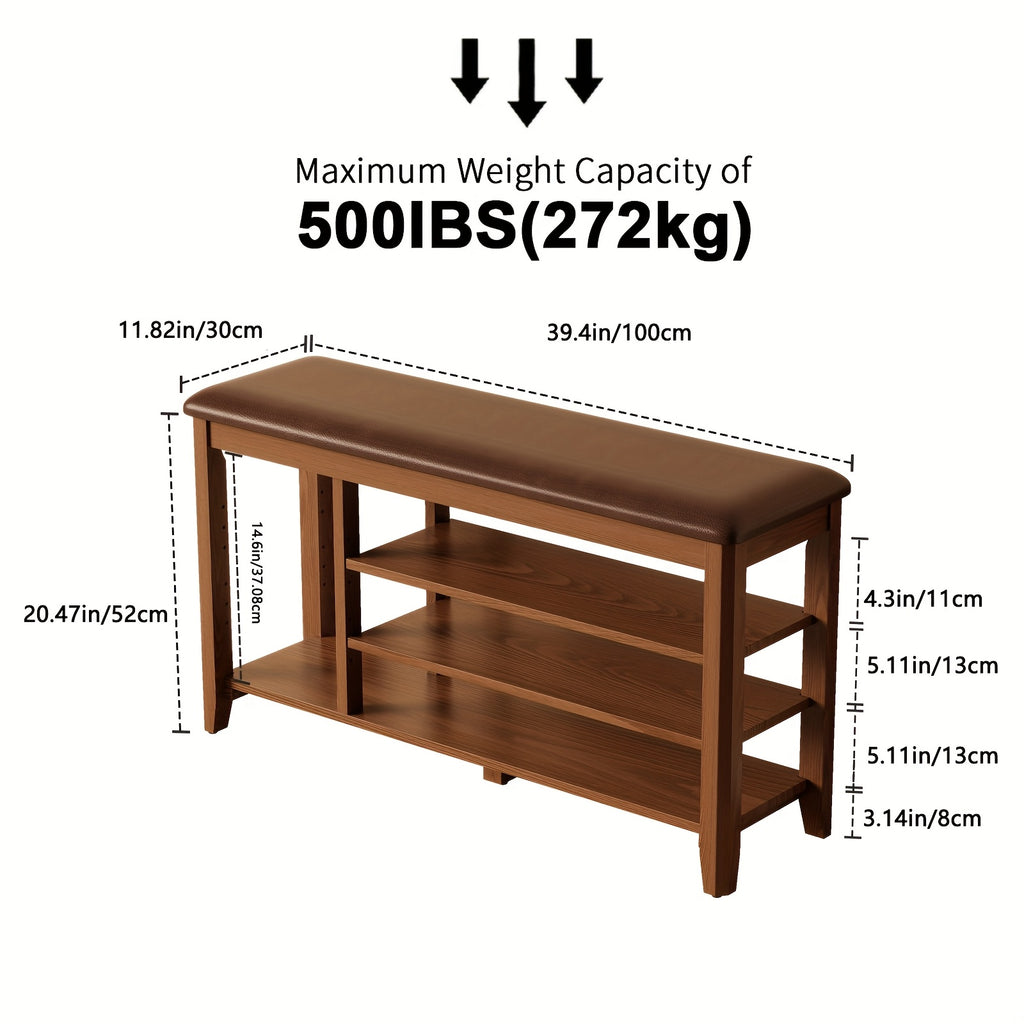 Shoe Bench with Leather Cushion, 3 Tiers Shoe Storage Bench, Walnut Wood Entryway Bench