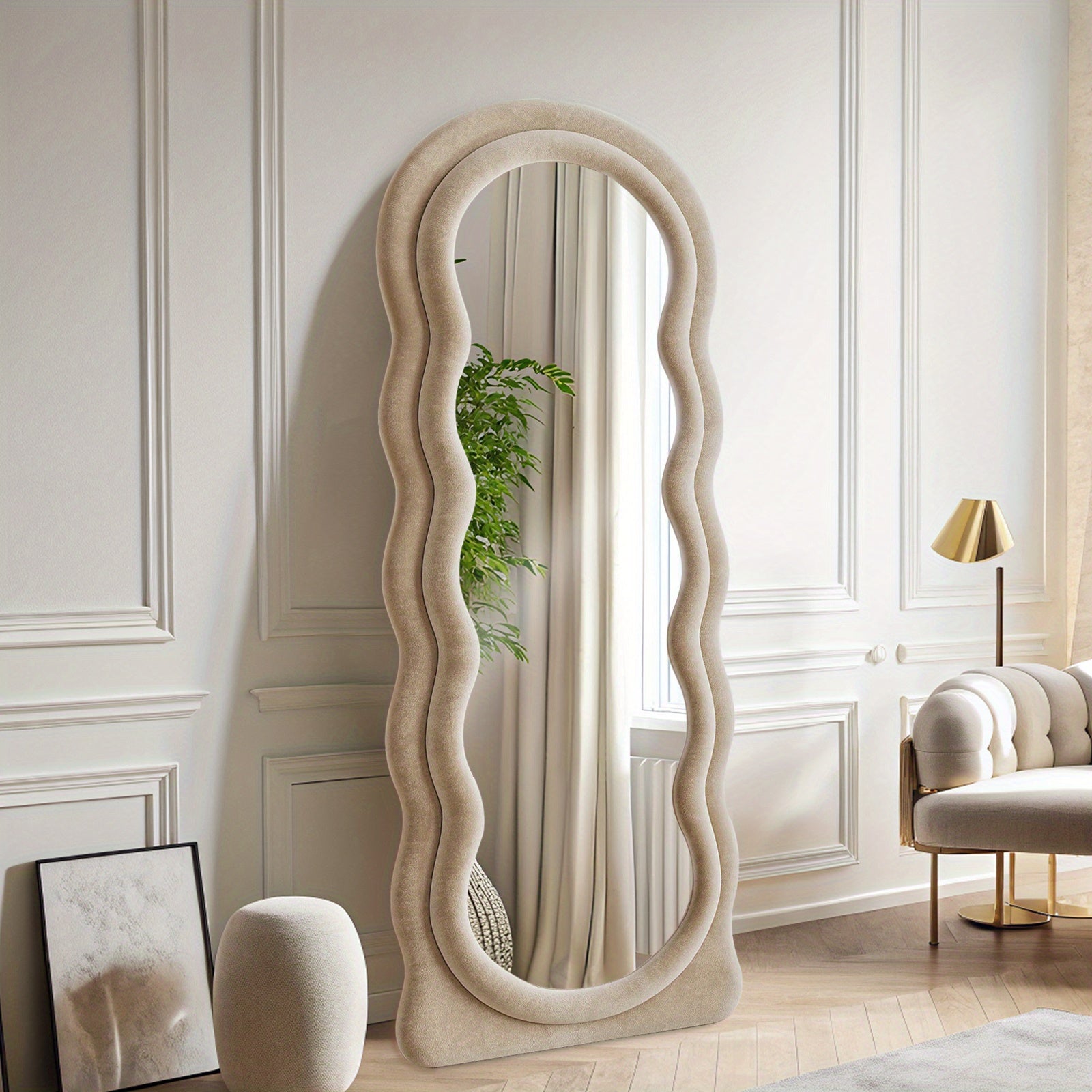 63x24 Inches Flannel Frame Wavy Full Length Mirror, Hanging or Leaning Mirror, Irregular Makeup Mirror Elegant Wall Mirror for Bedroom Cloakroom Bathroom Living Room Decorative