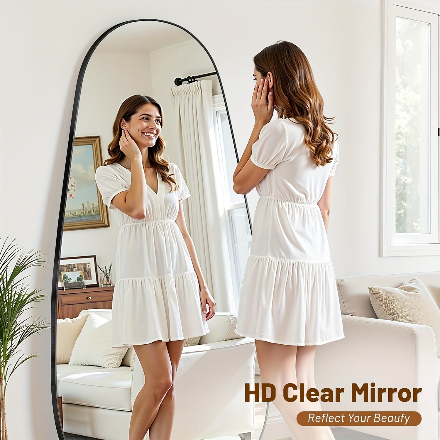 A Full-Length Mirror Measuring 76 Inches by 36 Inches, Designed for Floor Use with a Stand, Suitable for Standing, Hanging, Or Leaning. It Features an Irregular Shape, Perfect for Bedrooms, Living Rooms, Or Entryways, in a Teardrop Style