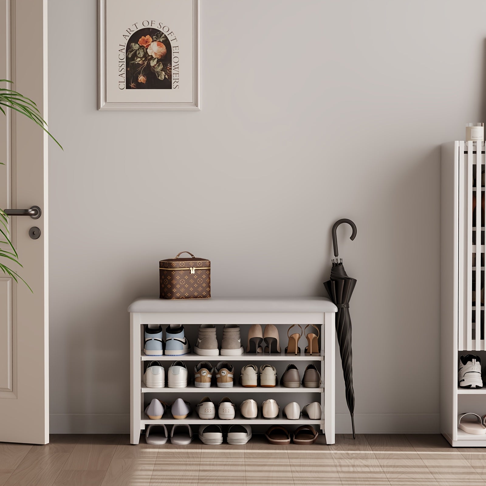 Shoe Bench with Leather Cushion, 3 Tiers Shoe Storage Bench, Walnut Wood Entryway Bench