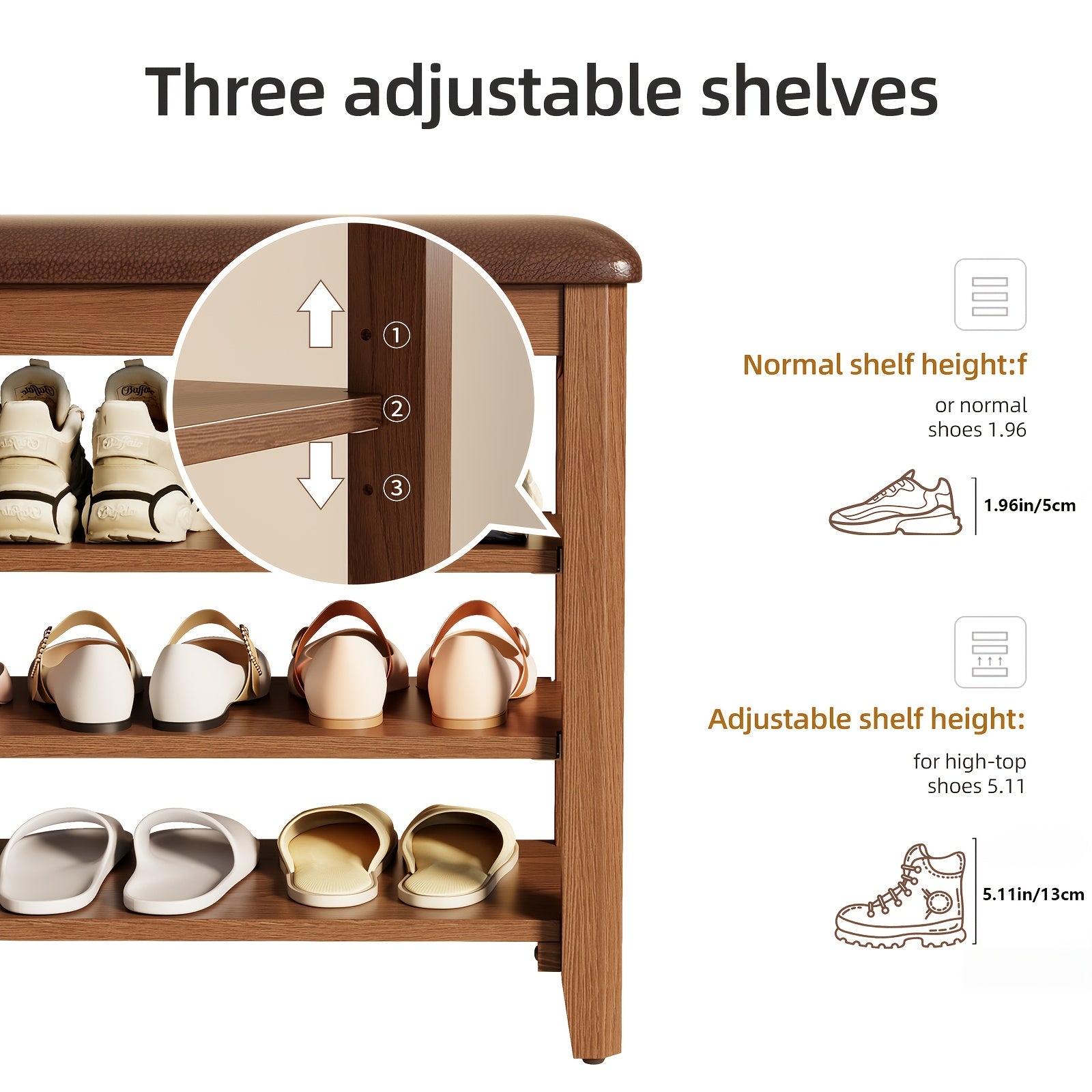 KASLANDI for home Furniture Shoe Bench Featuring a Leather Cushion, Adjustable Height with 3-Tier Shoe Storage, Walnut Wood Entryway Bench Ideal for Hallways And Mudrooms, Perfect for Christmas Gifts And Black Friday Deals, Includes Free Shipping