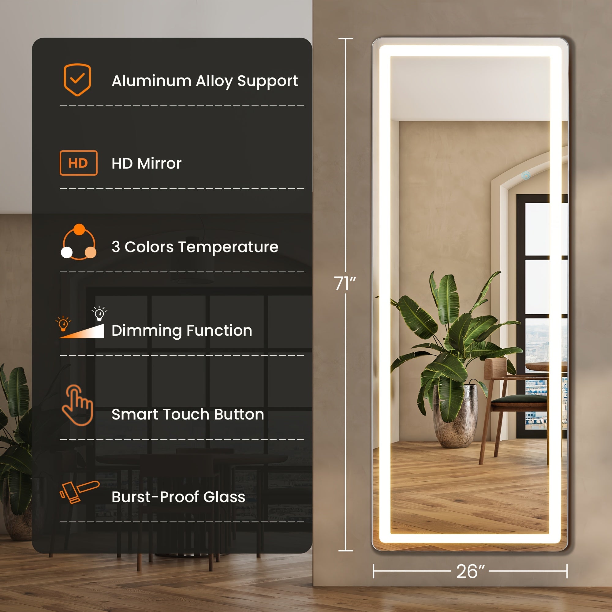 Smart LED Touch Sensor Full-Length Mirror - Adjustable Brightness, Wall-Mount & Freestanding Design with Slim Modern Frame - Ideal for Vanity, Bedroom, Or Dressing Room Lighting