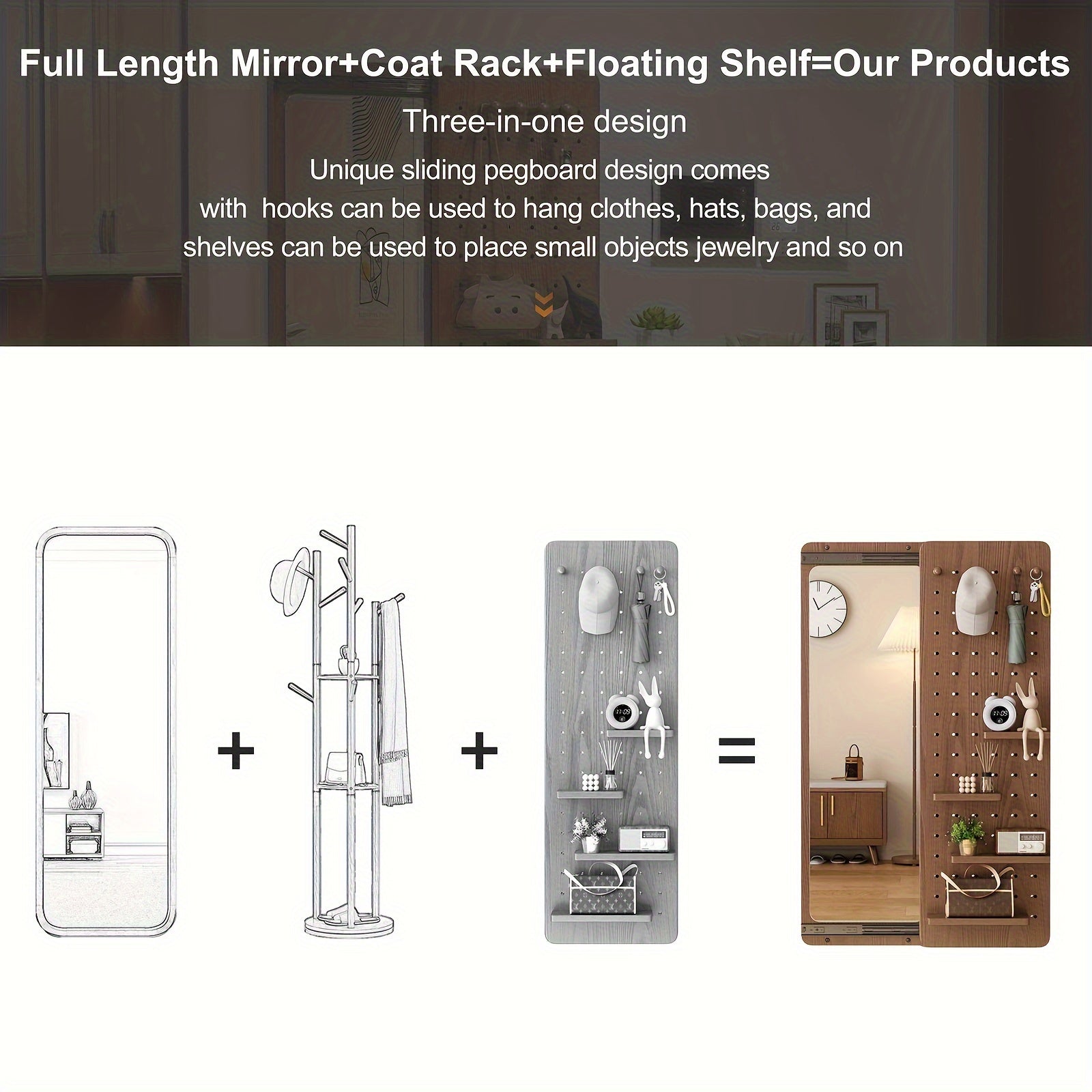 Muwuele Bathroom Furniture - Solid Wood Pegboard Full-Length Mirror, Wall-Mounted Dressing Mirror For Home, Bedroom, And Try-On Use, Can Cover The Mirror, Christmas Gifts, Black Fridays Items, Free Shipping