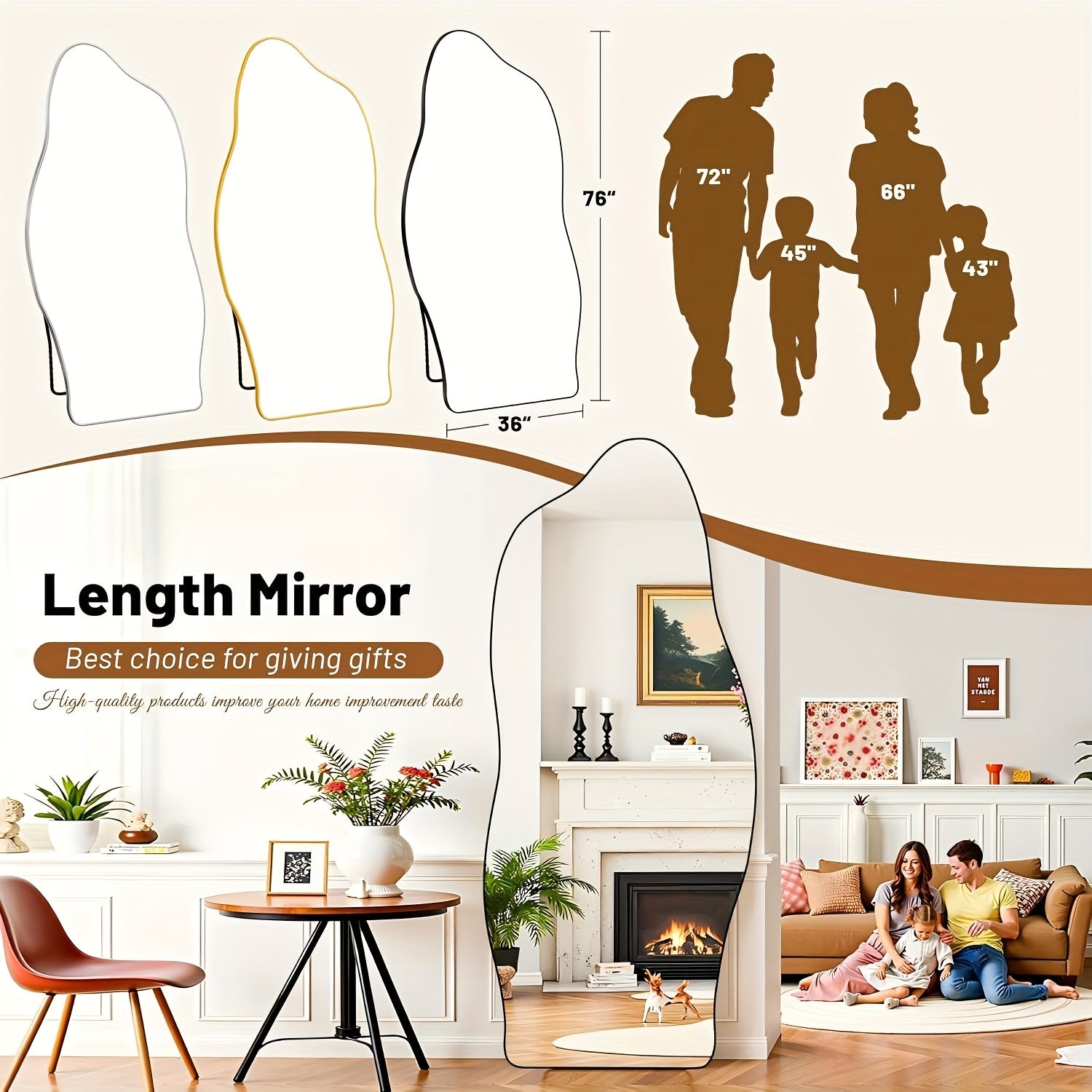 Furnbar Full-Length Mirror with Stand - Adjustable Standing Floor Mirror with Large Pane, Curved Frame (Copper\u002F) for Bedroom, Living Room, Entryway - Freestanding Leaning Mirror, Dressing Room Essential, Easy Assembly