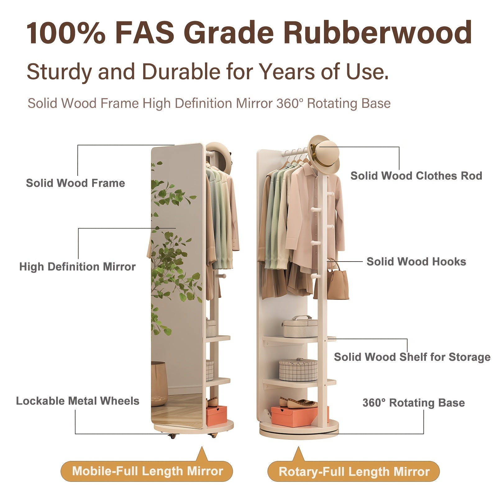 Solid Wood Full-Length Mirror for The Floor, Ideal for Bedrooms And Living Rooms. This Versatile, Rotatable Mirror Comes with an Integrated Hanger, Making It Perfect for Christmas Gifts And Black Friday Deals, with Free Shipping Included