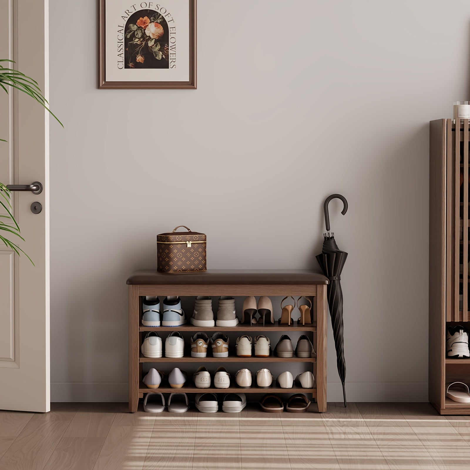 KASLANDI for home Furniture Shoe Bench Featuring a Leather Cushion, Adjustable Height with 3-Tier Shoe Storage, Walnut Wood Entryway Bench Ideal for Hallways And Mudrooms, Perfect for Christmas Gifts And Black Friday Deals, Includes Free Shipping