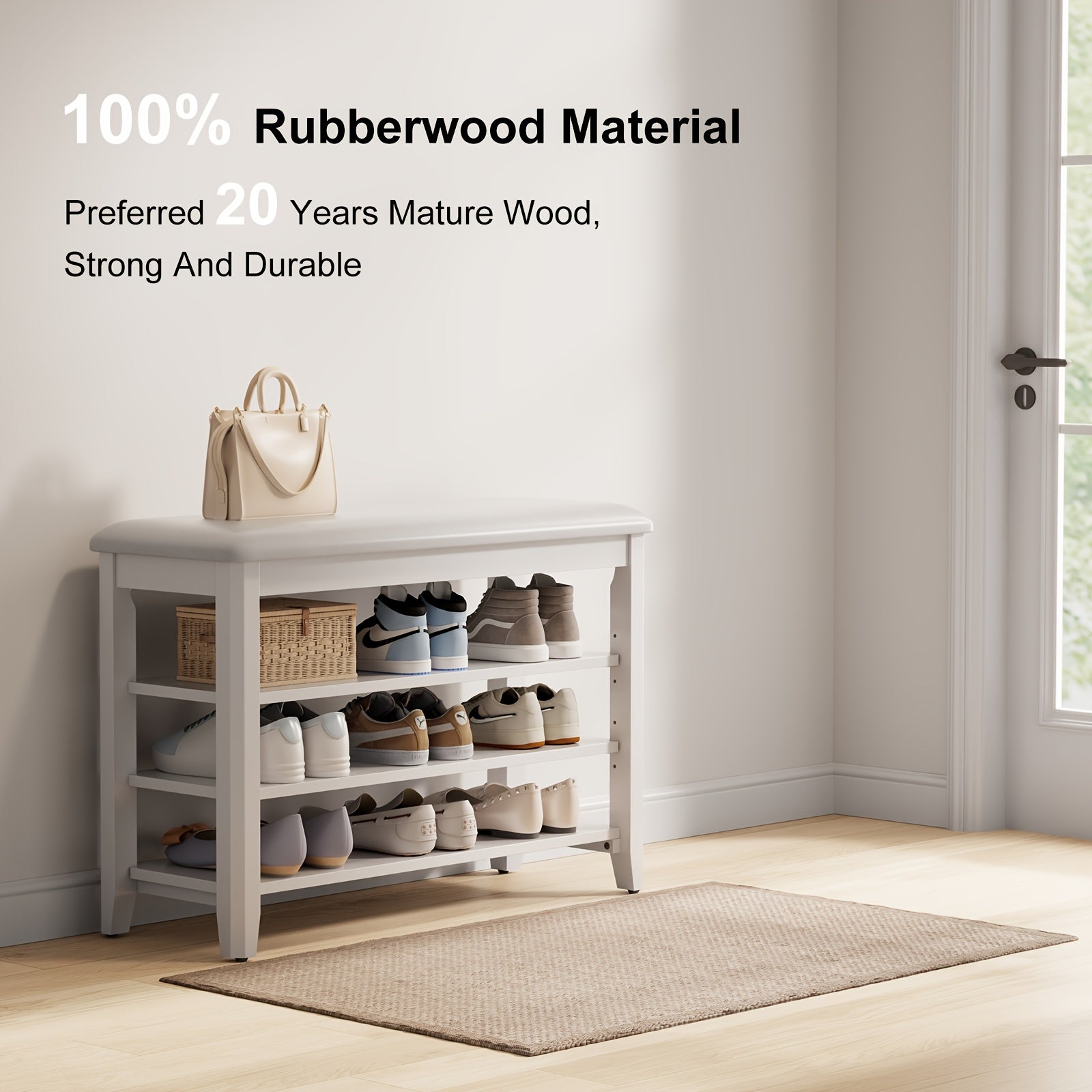 Shoe Bench with Leather Cushion, 3 Tiers Shoe Storage Bench, Walnut Wood Entryway Bench