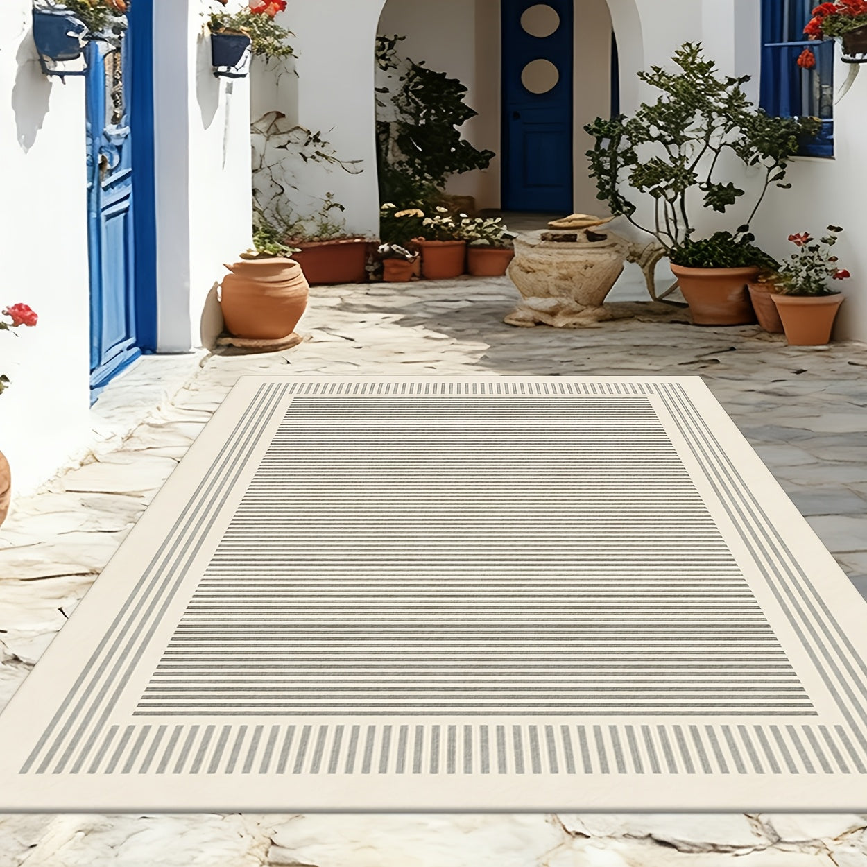 This 2D Flat Printed Design Features a Light Gray Minimalist Frame Pattern, Perfect for Outdoor Rugs. It Serves As a Versatile Decorative Piece Suitable for Entry Mats, Camping Mats, Patio Mats, Pool Mats, And Mats. Ideal for Balconies, Yards