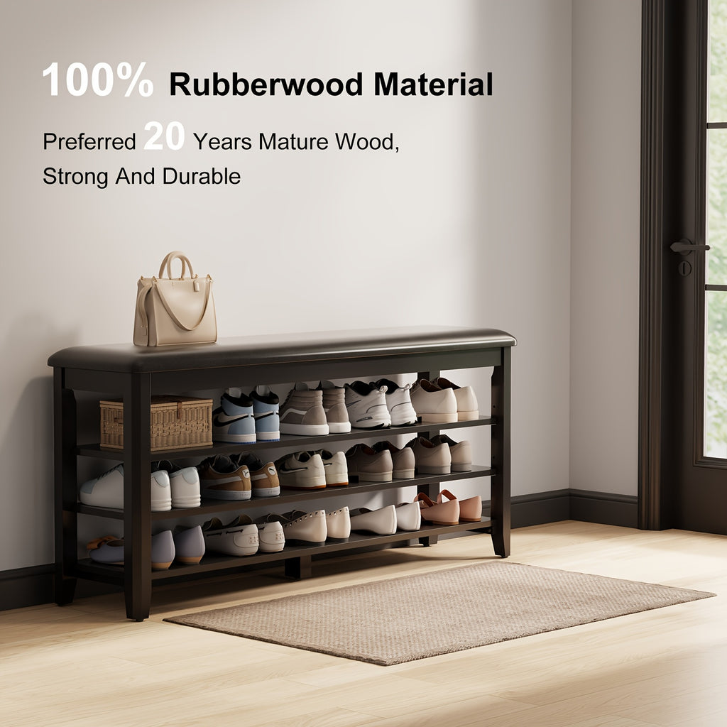 KASLANDI for home Furniture Shoe Bench Featuring a Leather Cushion, Adjustable Height with 3-Tier Shoe Storage, Walnut Wood Entryway Bench Ideal for Hallways And Mudrooms, Perfect for Christmas Gifts And Black Friday Deals, Includes Free Shipping