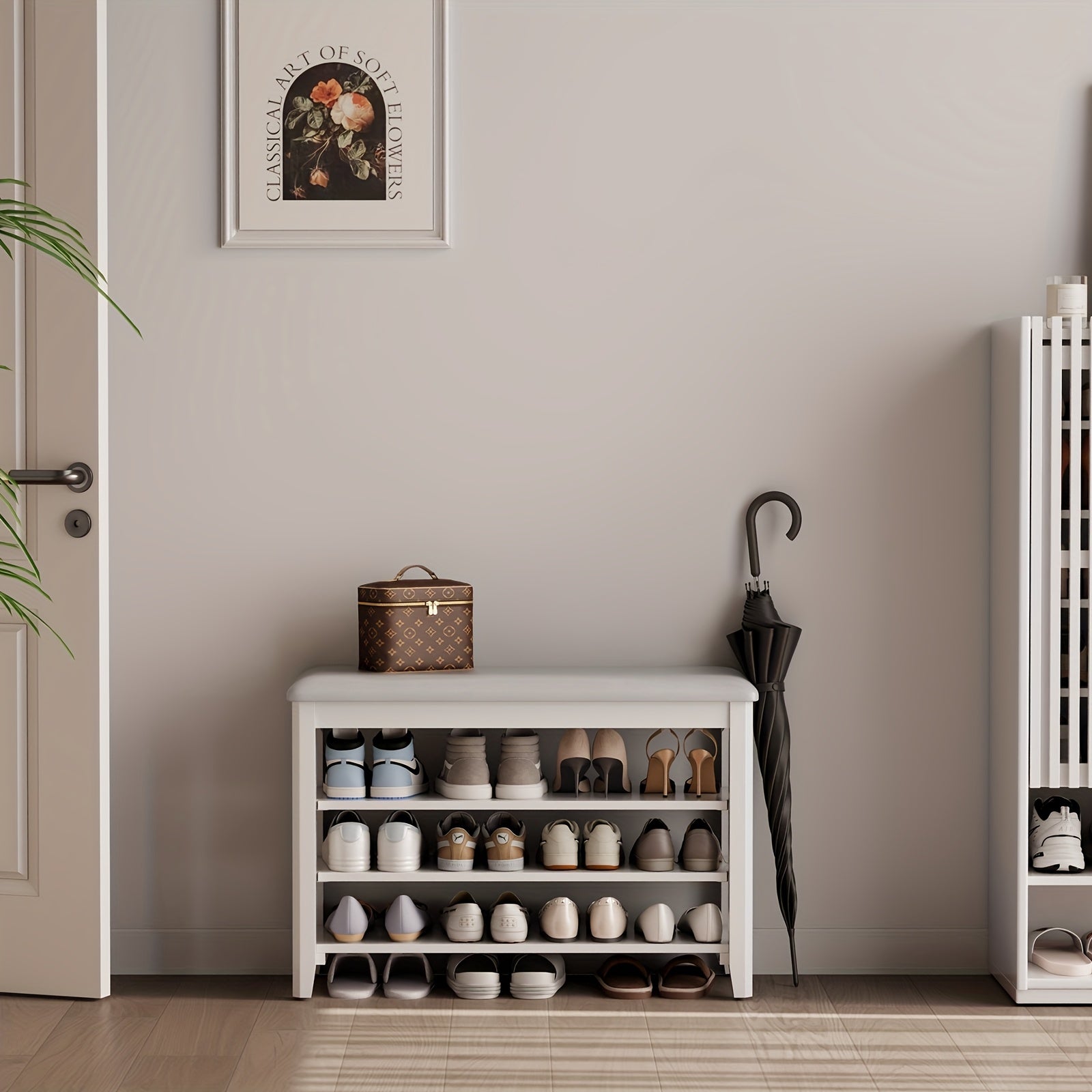 KASLANDI for home Furniture Shoe Bench Featuring a Leather Cushion, Adjustable Height with 3-Tier Shoe Storage, Walnut Wood Entryway Bench Ideal for Hallways And Mudrooms, Perfect for Christmas Gifts And Black Friday Deals, Includes Free Shipping