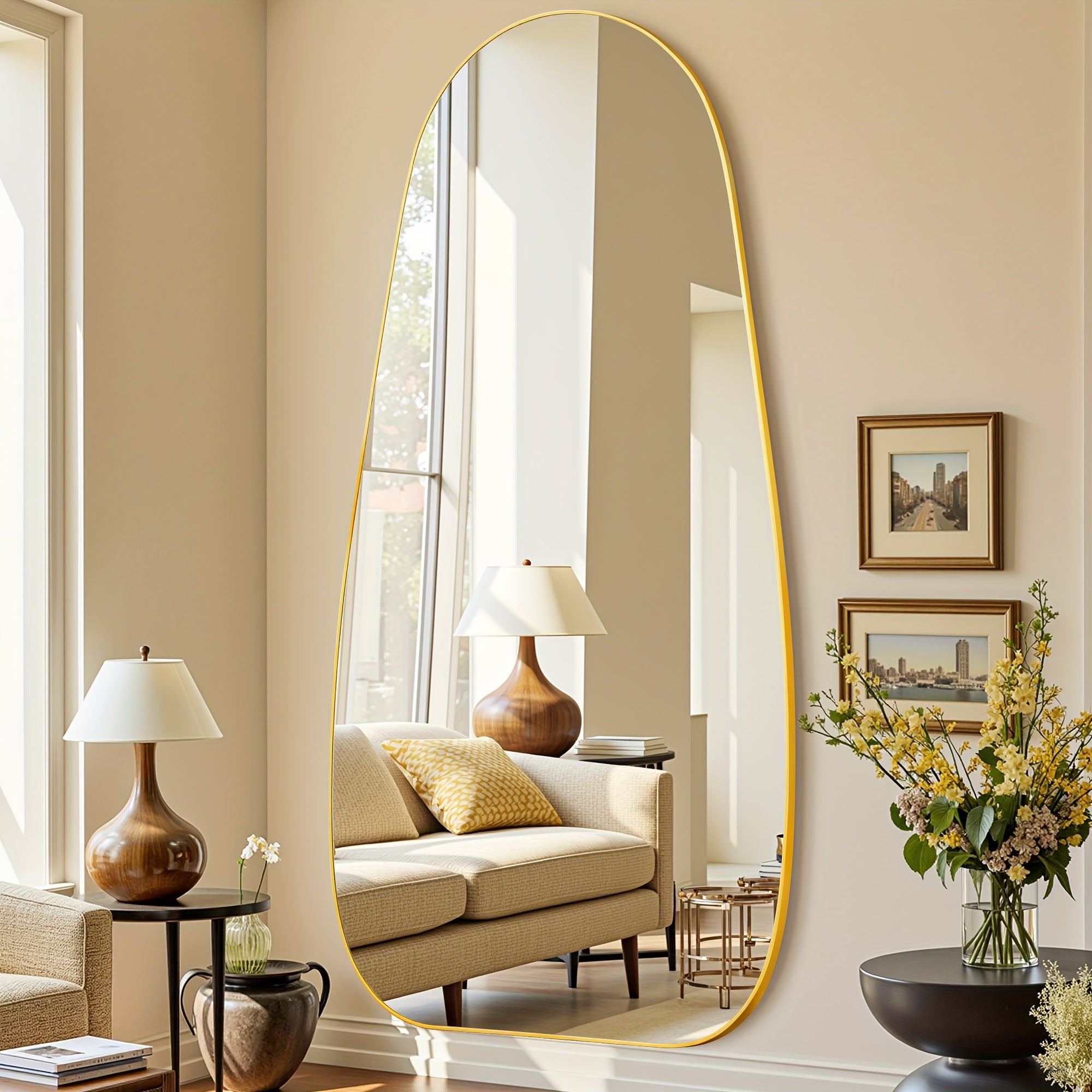 A Full-Length Mirror Measuring 76 Inches by 36 Inches, Designed for Floor Use with a Stand, Suitable for Standing, Hanging, Or Leaning. It Features an Irregular Shape, Perfect for Bedrooms, Living Rooms, Or Entryways, in a Teardrop Style