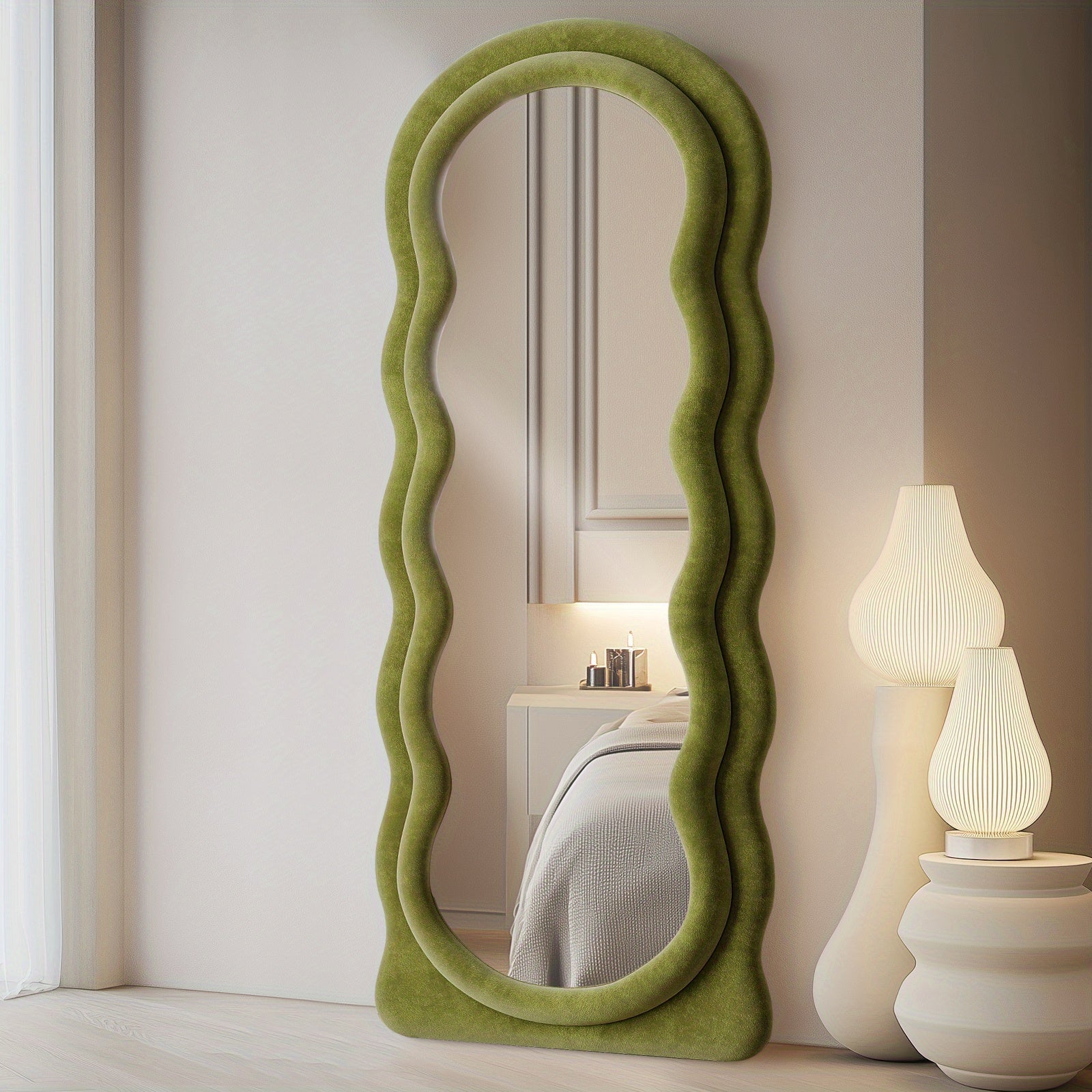 63x24 Inches Flannel Frame Wavy Full Length Mirror, Hanging or Leaning Mirror, Irregular Makeup Mirror Elegant Wall Mirror for Bedroom Cloakroom Bathroom Living Room Decorative