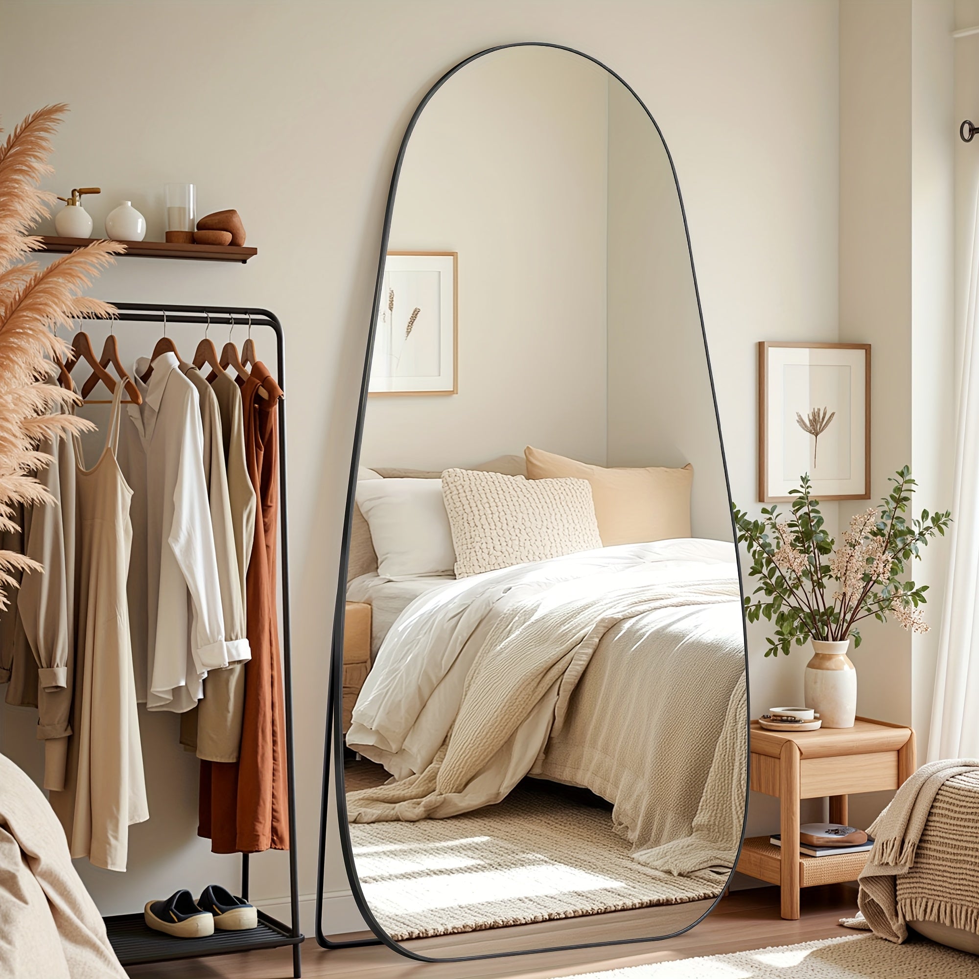 A Full-Length Mirror Measuring 76 Inches by 36 Inches, Designed for Floor Use with a Stand, Suitable for Standing, Hanging, Or Leaning. It Features an Irregular Shape, Perfect for Bedrooms, Living Rooms, Or Entryways, in a Teardrop Style