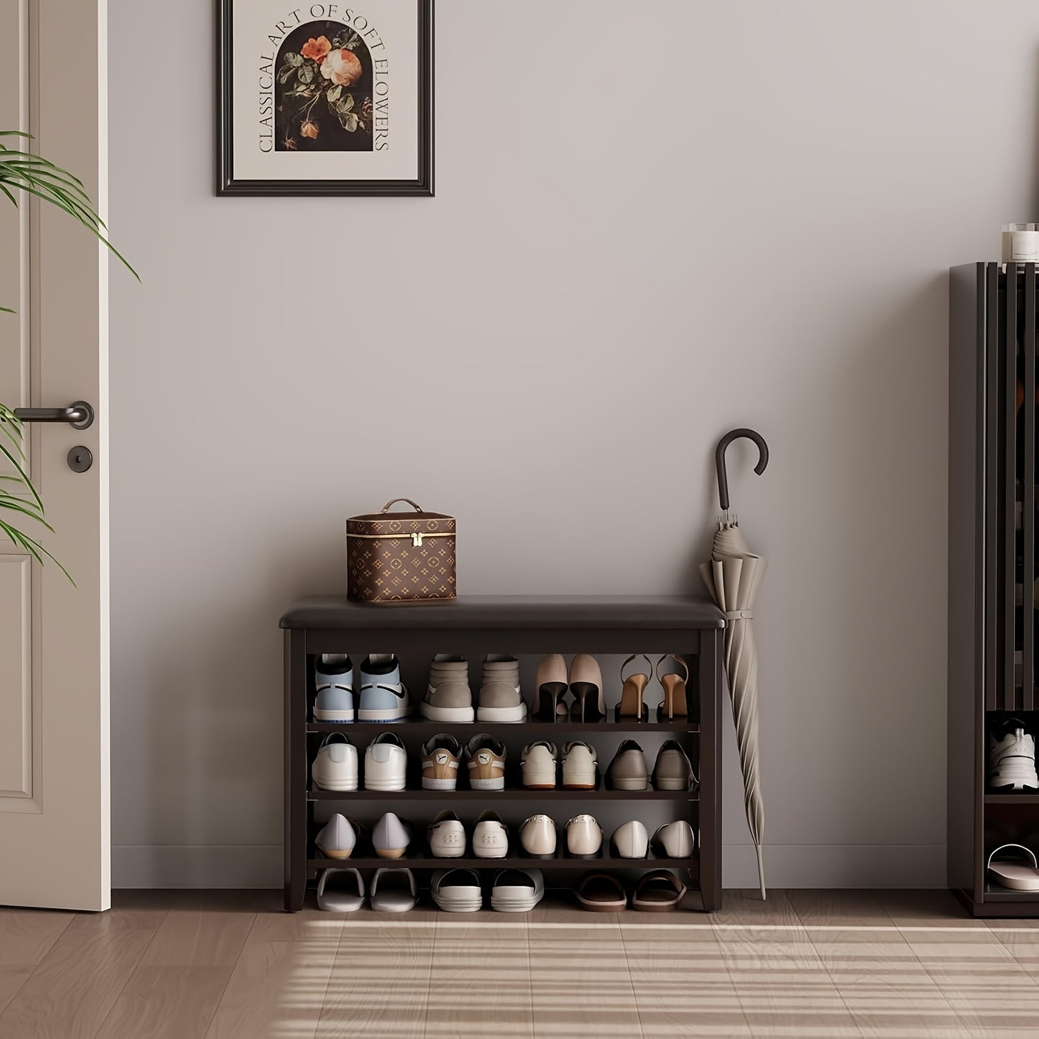 Shoe Bench with Leather Cushion, 3 Tiers Shoe Storage Bench, Walnut Wood Entryway Bench