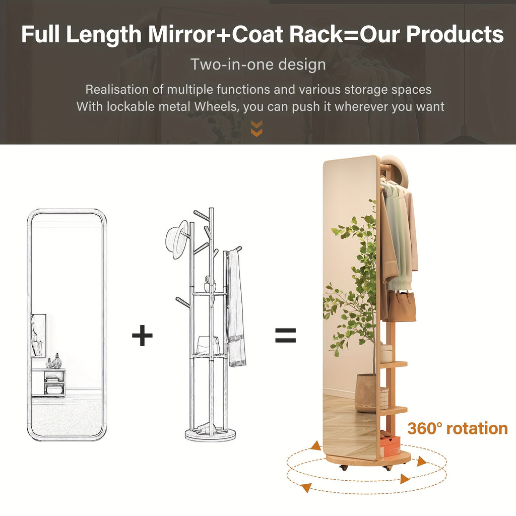 Solid Wood Full-Length Mirror for The Floor, Ideal for Bedrooms And Living Rooms. This Versatile, Rotatable Mirror Comes with an Integrated Hanger, Making It Perfect for Christmas Gifts And Black Friday Deals, with Free Shipping Included