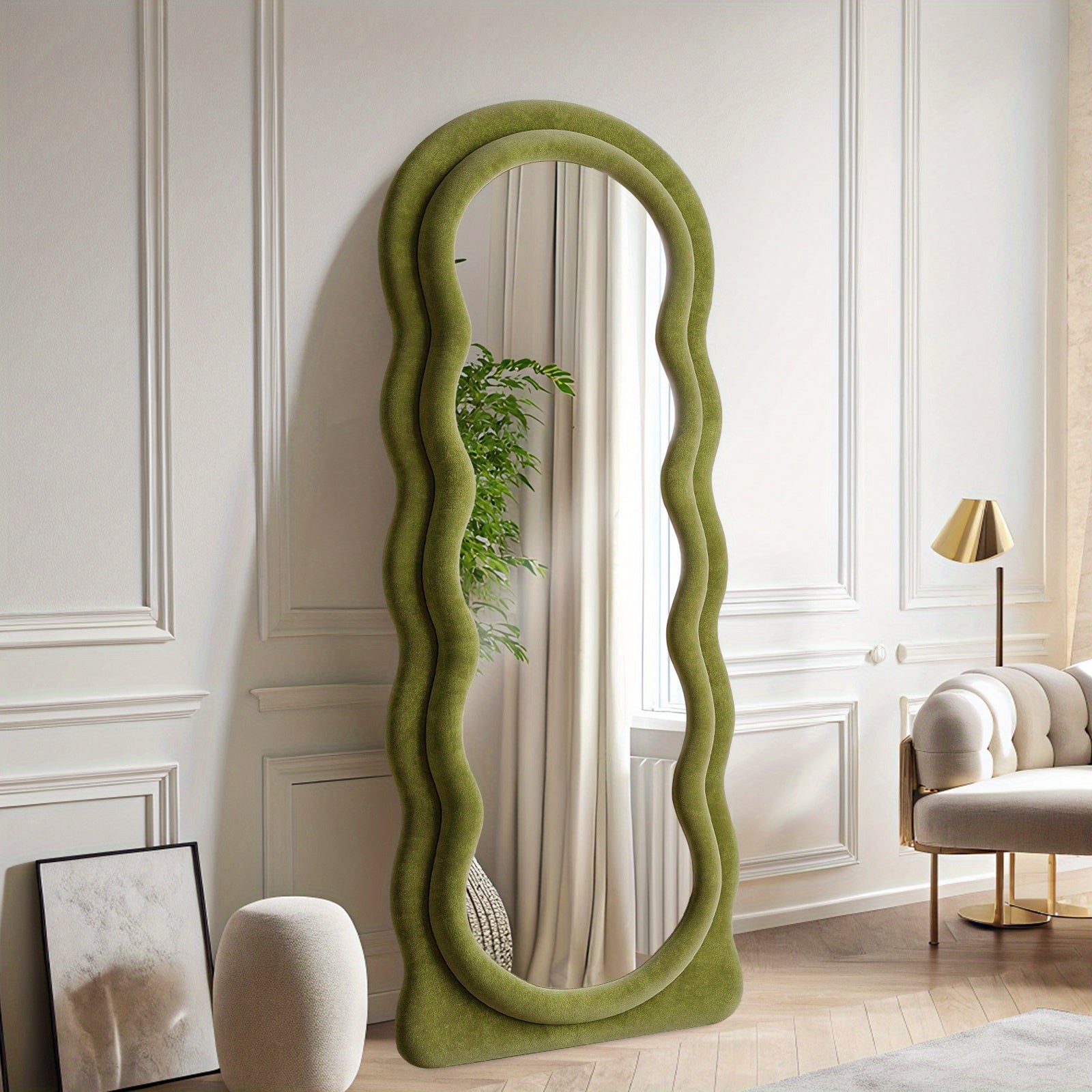 63x24 Inches Flannel Frame Wavy Full Length Mirror, Hanging or Leaning Mirror, Irregular Makeup Mirror Elegant Wall Mirror for Bedroom Cloakroom Bathroom Living Room Decorative