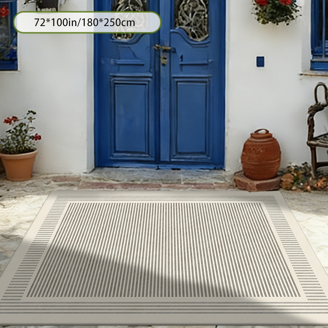 This 2D Flat Printed Design Features a Light Gray Minimalist Frame Pattern, Perfect for Outdoor Rugs. It Serves As a Versatile Decorative Piece Suitable for Entry Mats, Camping Mats, Patio Mats, Pool Mats, And Mats. Ideal for Balconies, Yards