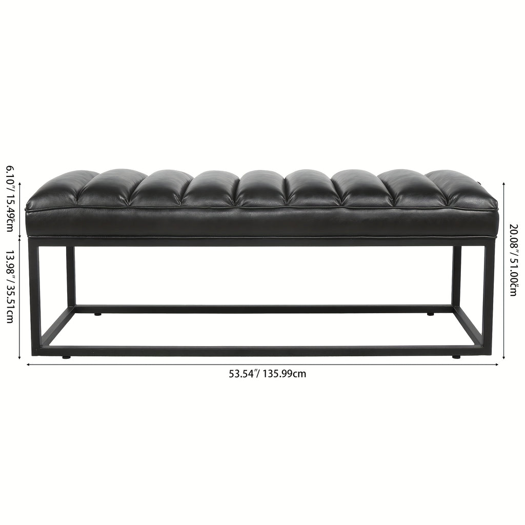 Modern Light Luxury Style Bed End Stool, Shoe Changing Stool. Matte Metal, Solid Wood Frame, Quilted Seating Design, High Resilience Sponge Filling, Available In PU Or Fabric Options, Suitable for Bedroom, Foyer, Living Room And Other Environments.