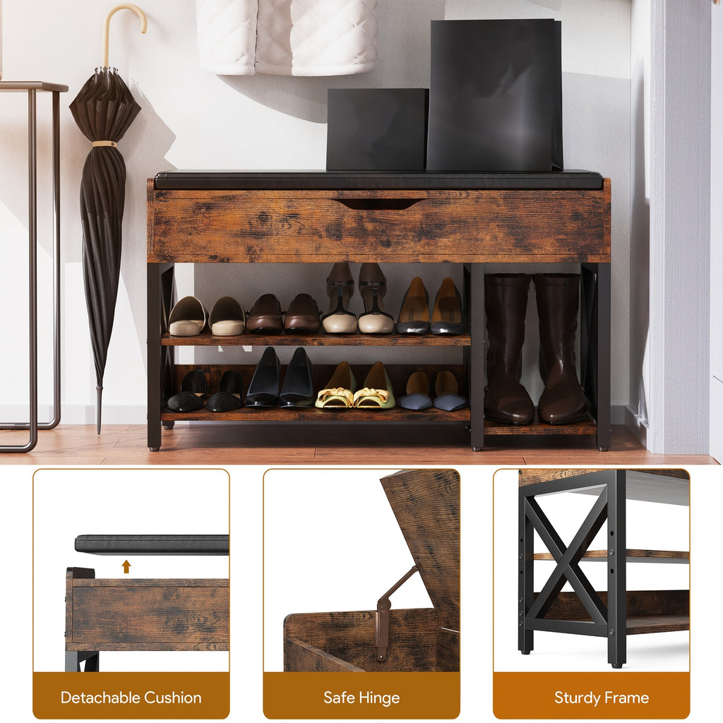 7 Pair Shoe Storage Bench With Cushion, Entryway Bench With Shoe Rack Shoe Organizer