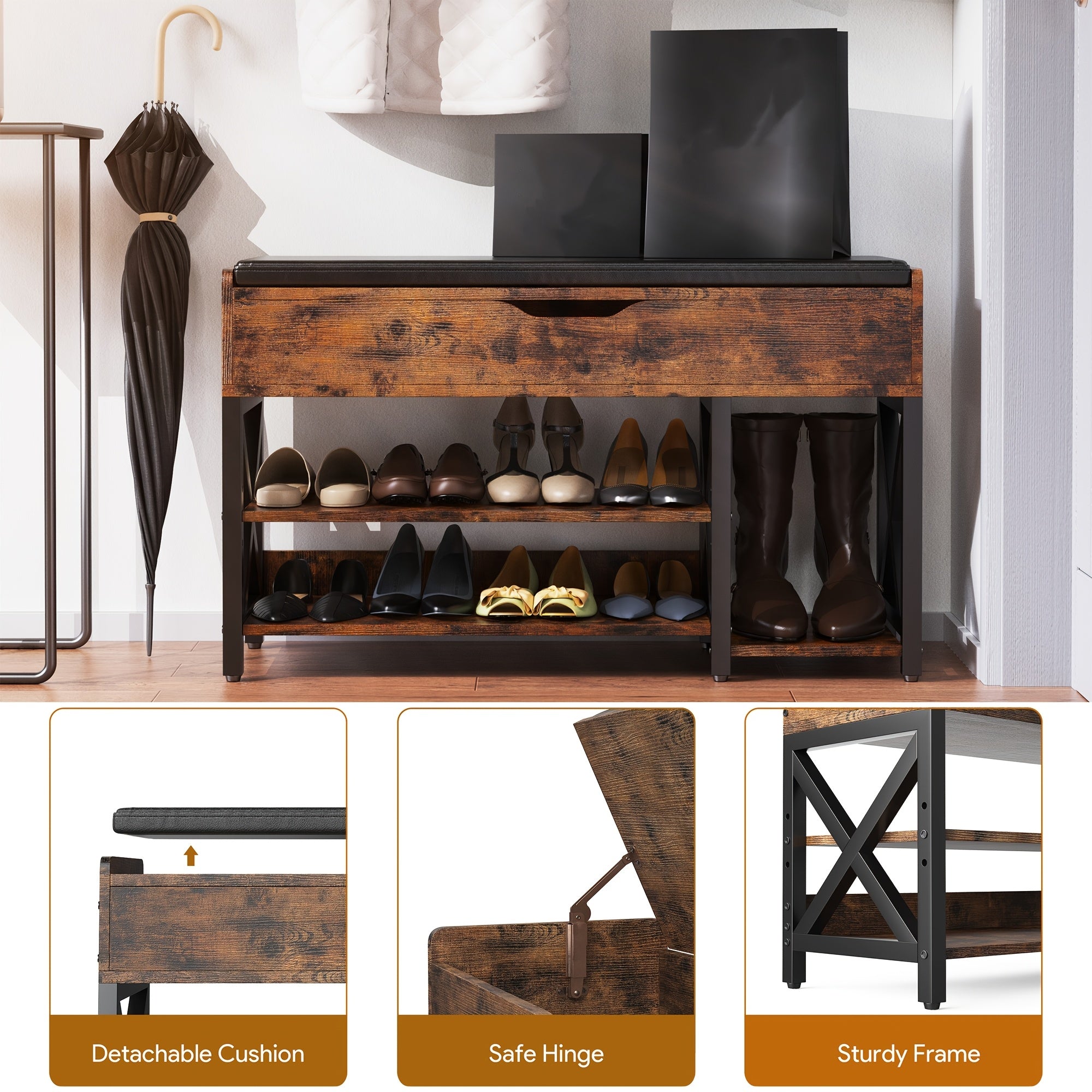 7 Pair Shoe Storage Bench With Cushion, Entryway Bench With Shoe Rack Shoe Organizer