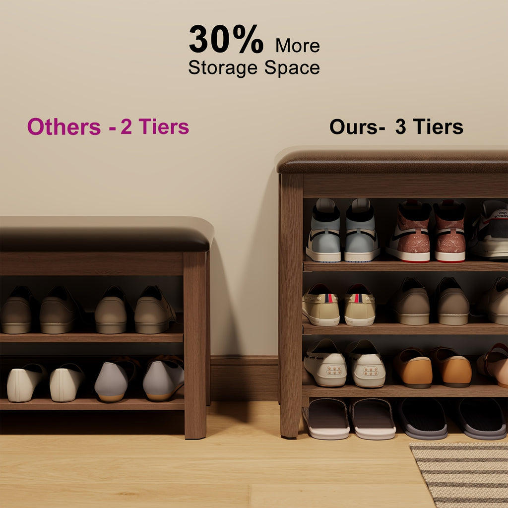 Shoe Bench with Leather Cushion, 3 Tiers Shoe Storage Bench, Walnut Wood Entryway Bench