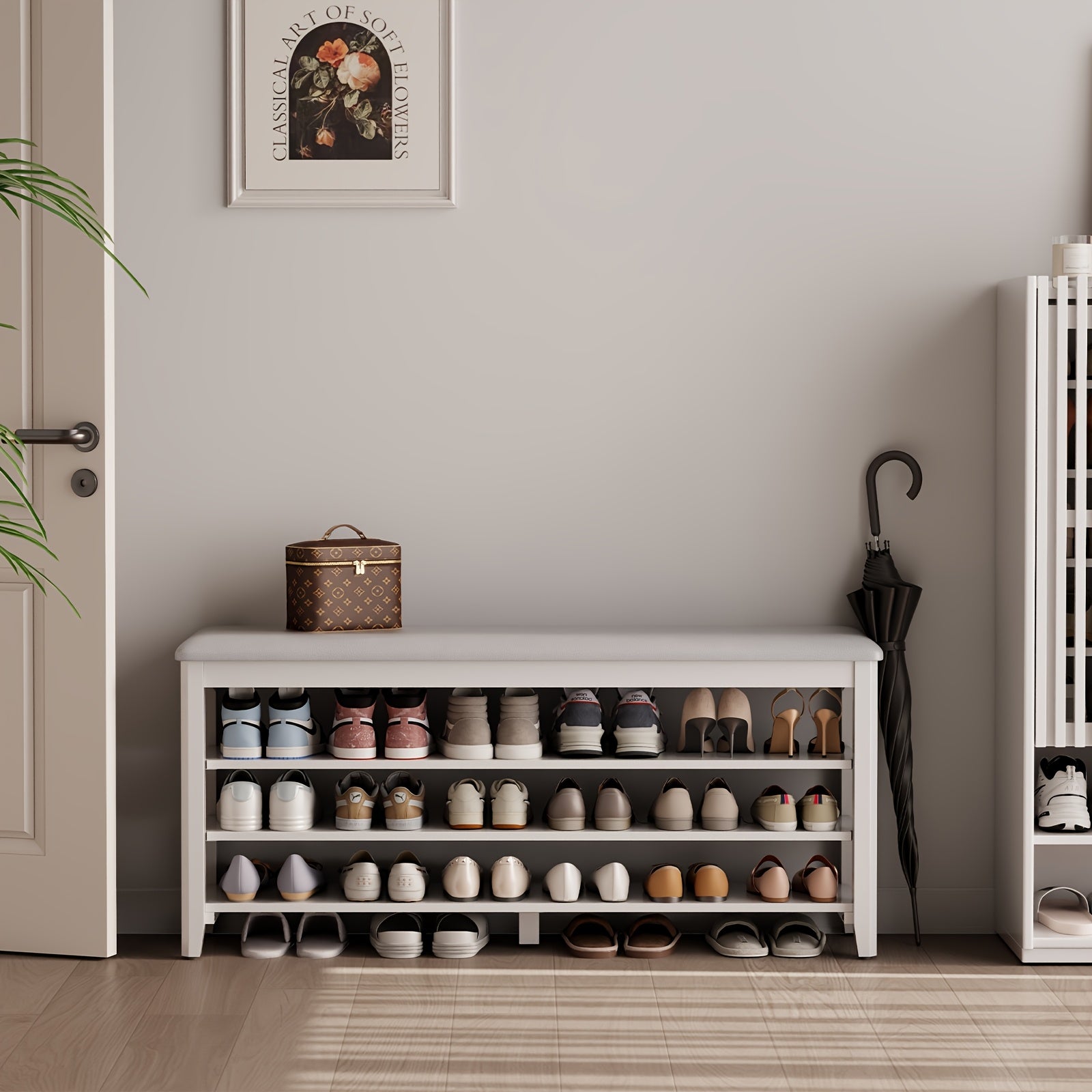 Shoe Bench with Leather Cushion, 3 Tiers Shoe Storage Bench, Walnut Wood Entryway Bench