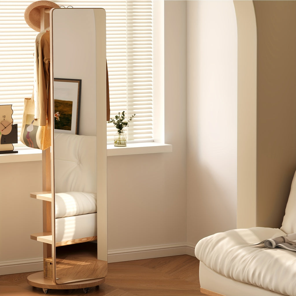 Solid Wood Full-Length Mirror for The Floor, Ideal for Bedrooms And Living Rooms. This Versatile, Rotatable Mirror Comes with an Integrated Hanger, Making It Perfect for Christmas Gifts And Black Friday Deals, with Free Shipping Included