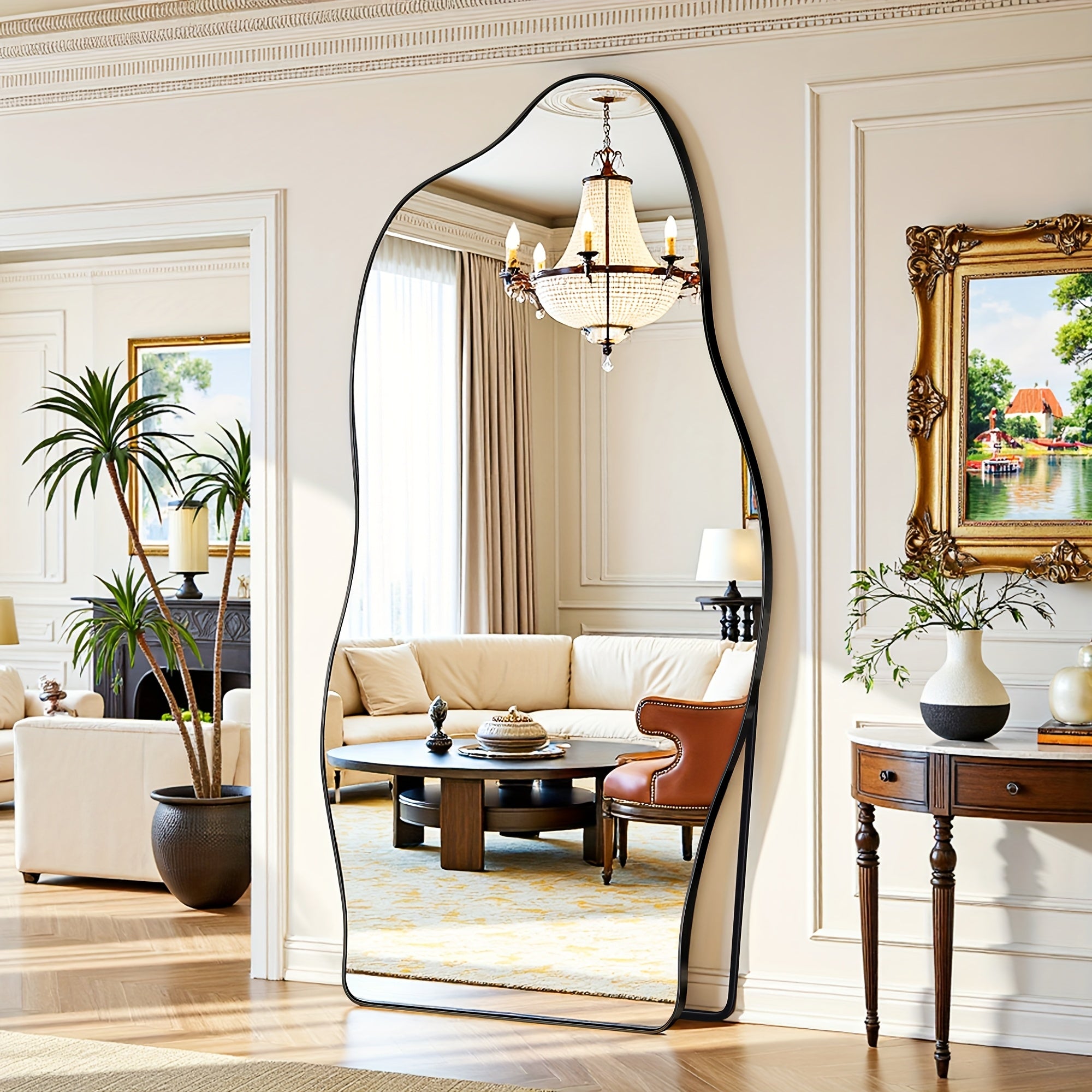 Furnbar Full-Length Mirror with Stand - Adjustable Standing Floor Mirror with Large Pane, Curved Frame (Copper\u002F) for Bedroom, Living Room, Entryway - Freestanding Leaning Mirror, Dressing Room Essential, Easy Assembly