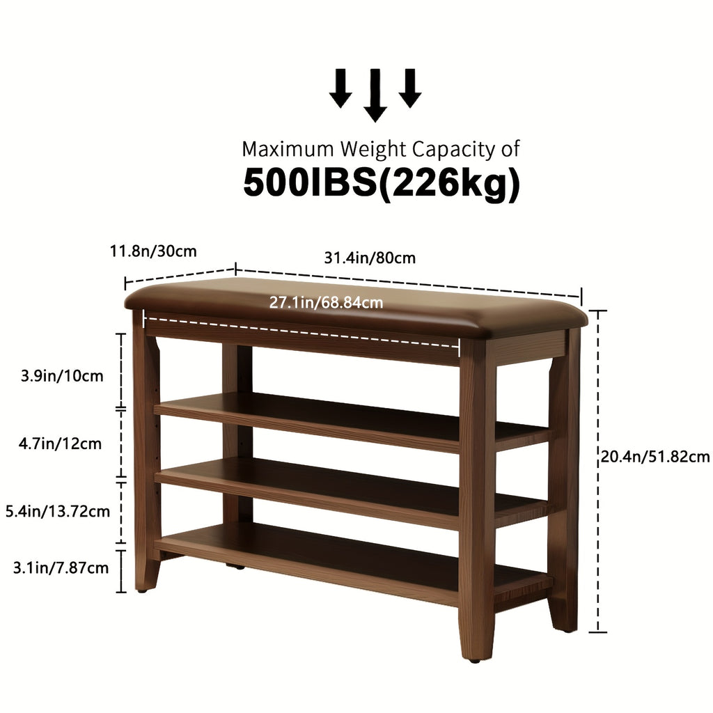 Shoe Bench with Leather Cushion, 3 Tiers Shoe Storage Bench, Walnut Wood Entryway Bench